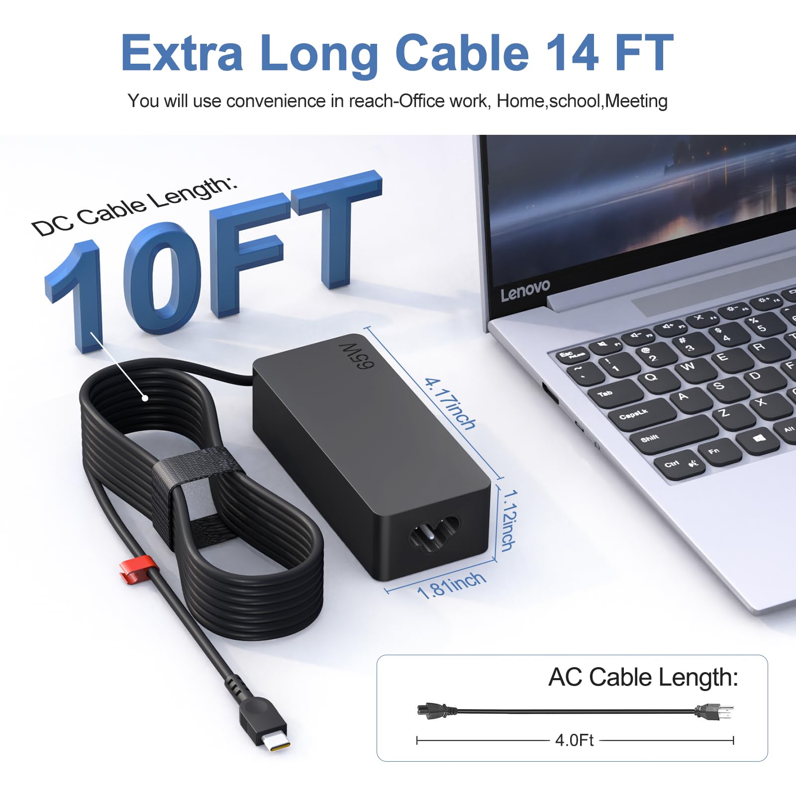 65W USB C Charger 14FT Long Type C Cable for Lenovo Thinkpad T480s/T580s/L580/L590/E580/E585 & Chromebook 100e/300e/500e - Fast Charging Laptop Power Adapter for Home, Office, and Travel Use