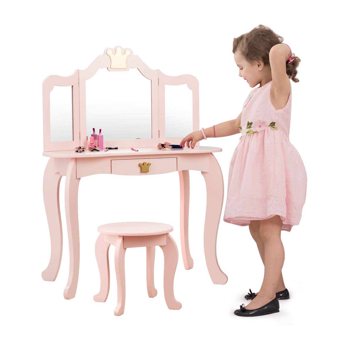 Princess Makeup Vanity Set with Mirror & Chair for Girls - Pretend Play Beauty Dressing Table (Pink) - Perfect for Bedroom Playroom