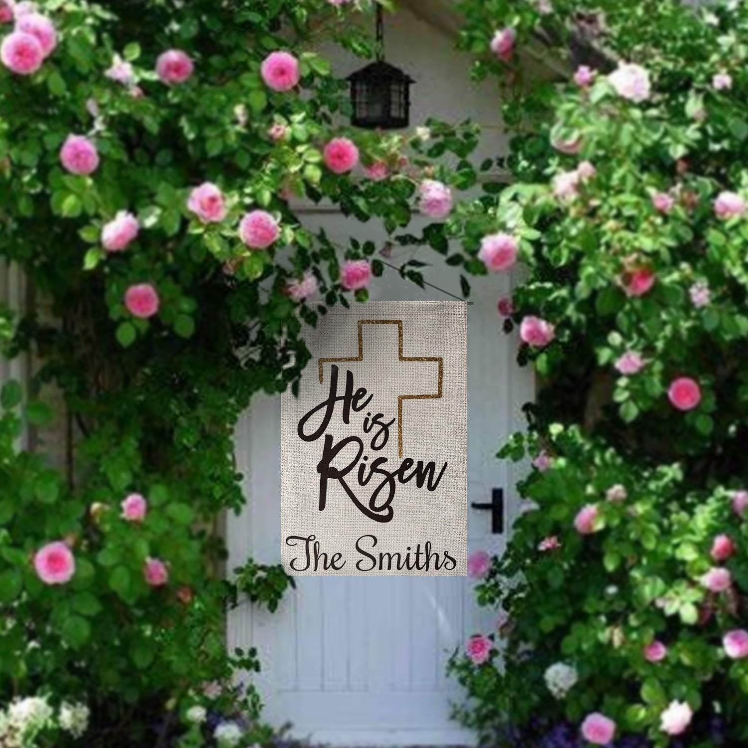 Custom Personalized Easter Garden Flag - Double Sided 12.5x18 Inch Farmhouse Decor with Family Name | He is Risen Religious Yard Sign | Rustic Burlap Outdoor Decoration for Spring, Front Porch & Garden