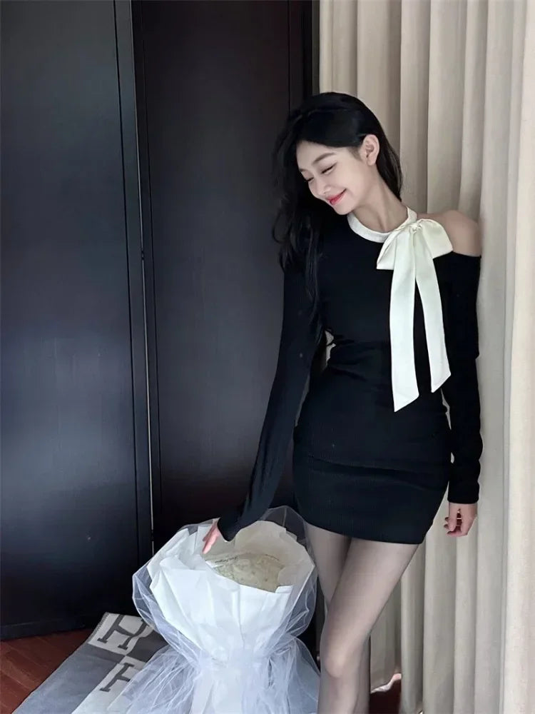 Black Off Shoulder Bodycon Mini Dress for Women - Sexy Wrap Slim Short Party Dress | Korean Fashion Kpop Bow Design | Perfect for Evening Parties, Clubbing & Date Nights