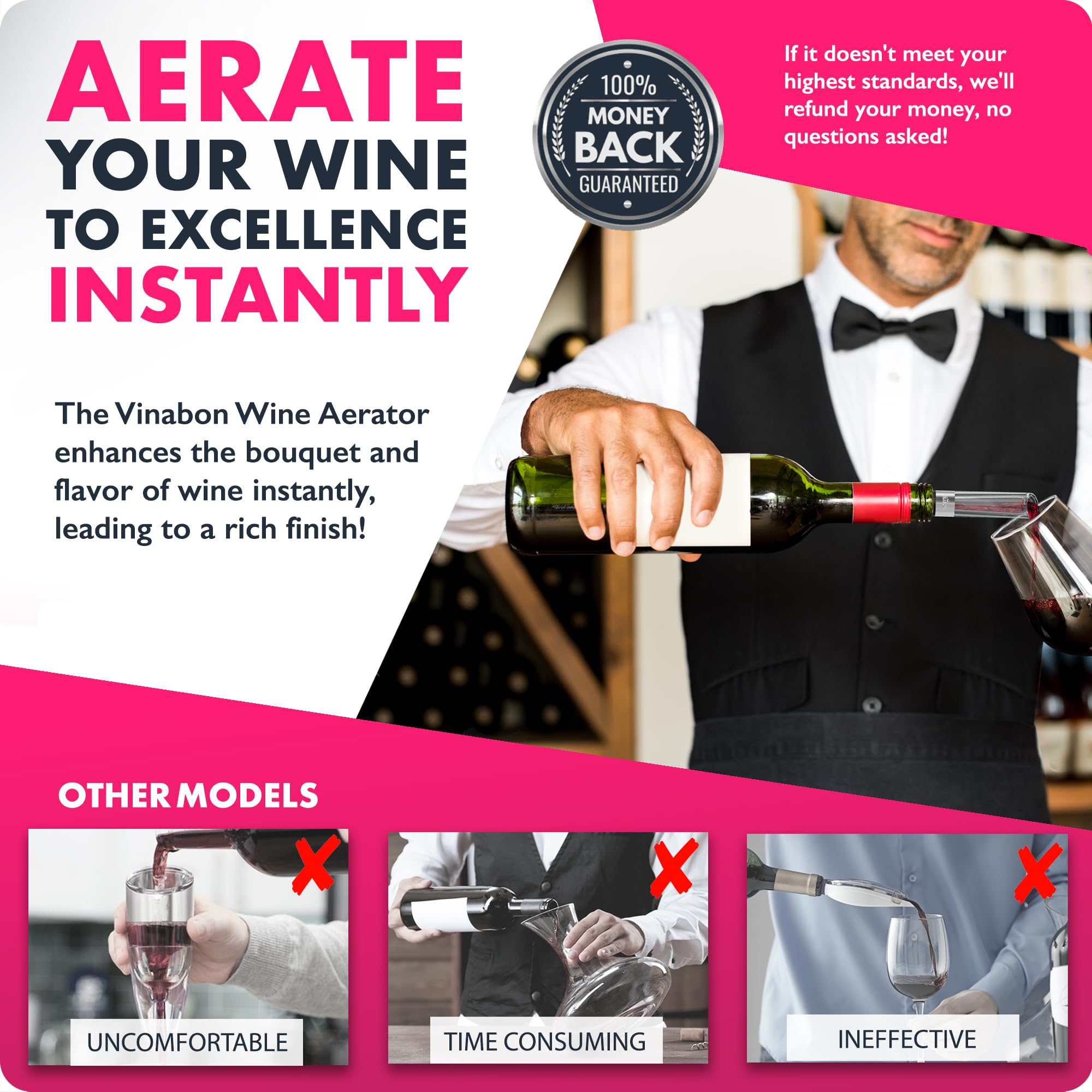 VINABON Premium Wine Aerator & Decanter Spout - 2025 Wine Air Aerator for Enhanced Flavor & Aroma | Includes Free Wine Guide Ebook | Perfect for Red Wine, White Wine & Home Entertaining