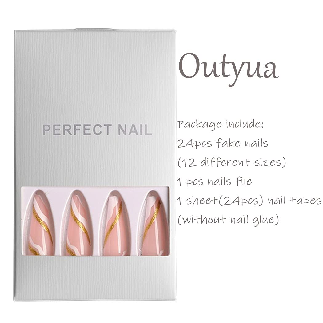 **24pcs Extra Long Coffin Press on Nails - Glossy Ballerina Fake Nails with Gold Wave Design, Acrylic Full Cover Artificial Nails for Women & Girls | Perfect for Parties, Weddings, and Special Occasions**