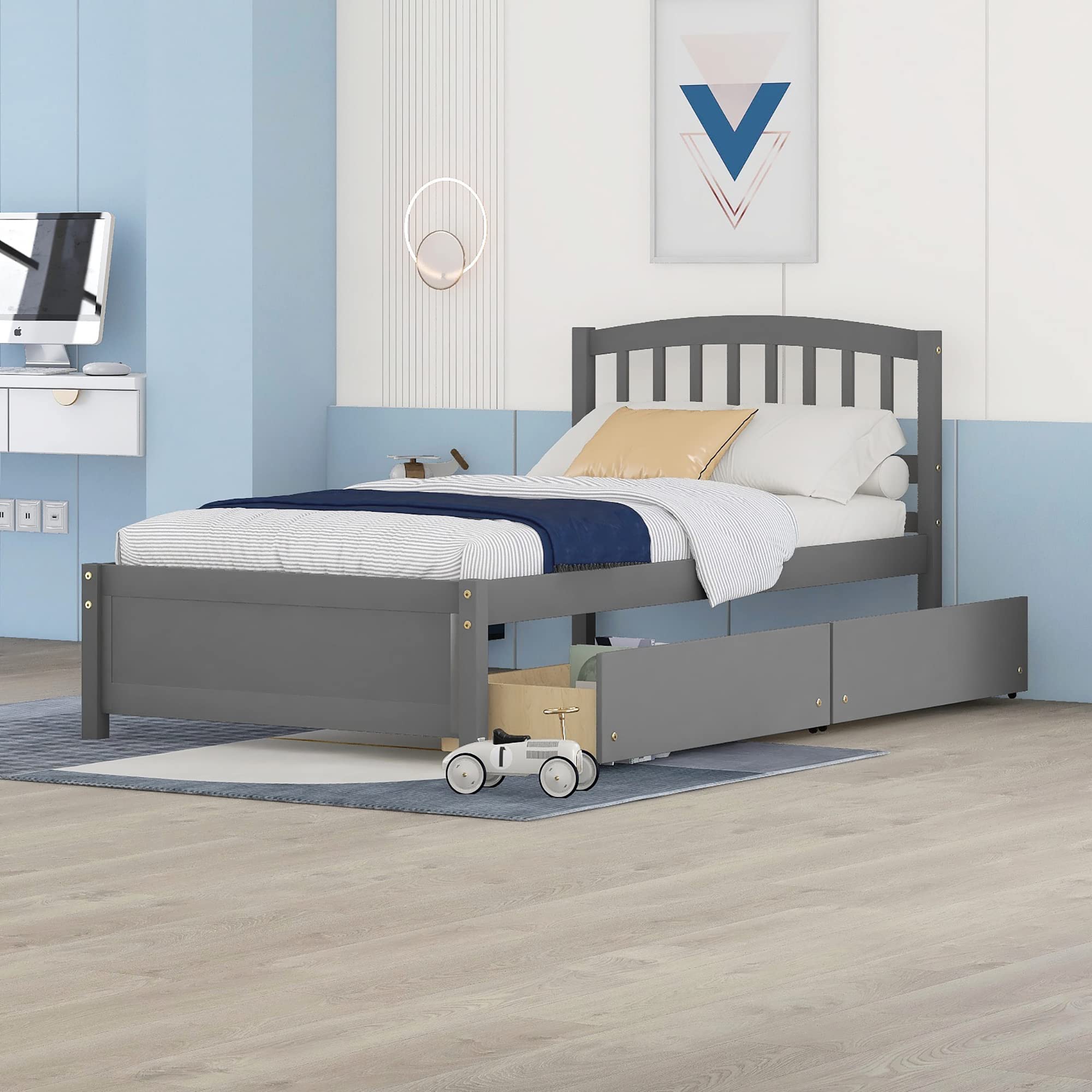 **Twin Wood Bed Frame with Headboard, Footboard & Storage Drawers - Gray Platform Captain Bed for Kids, Teens & Adults - Perfect for Small Bedrooms & Guest Rooms**