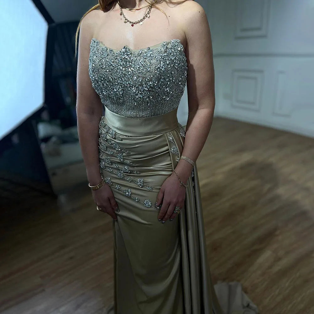 Elegant Strapless Crystal Beaded Mermaid Evening Gown with High Split & Skirt for Women - Perfect for Prom, Wedding, and Formal Parties 2025