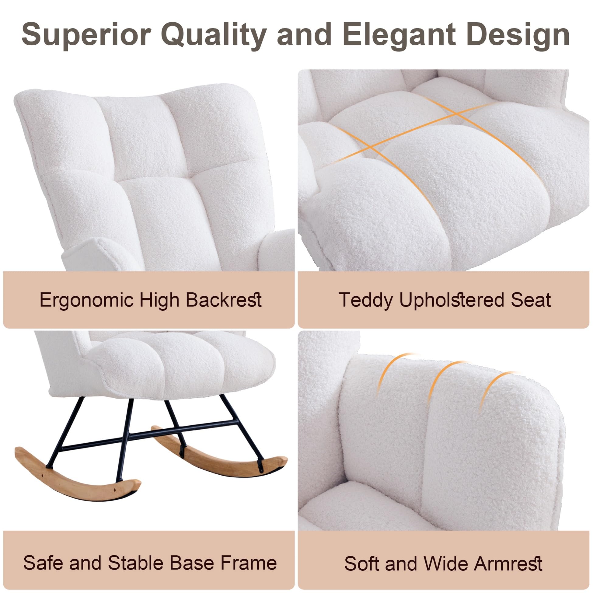 Comfy Teddy Upholstered Glider Rocker Chair with Padded Seat & High Backrest - Nursery Rocking Chair, Accent Armchair for Living Room, Bedroom & Office (White) - Perfect for Nursing, Reading & Relaxing