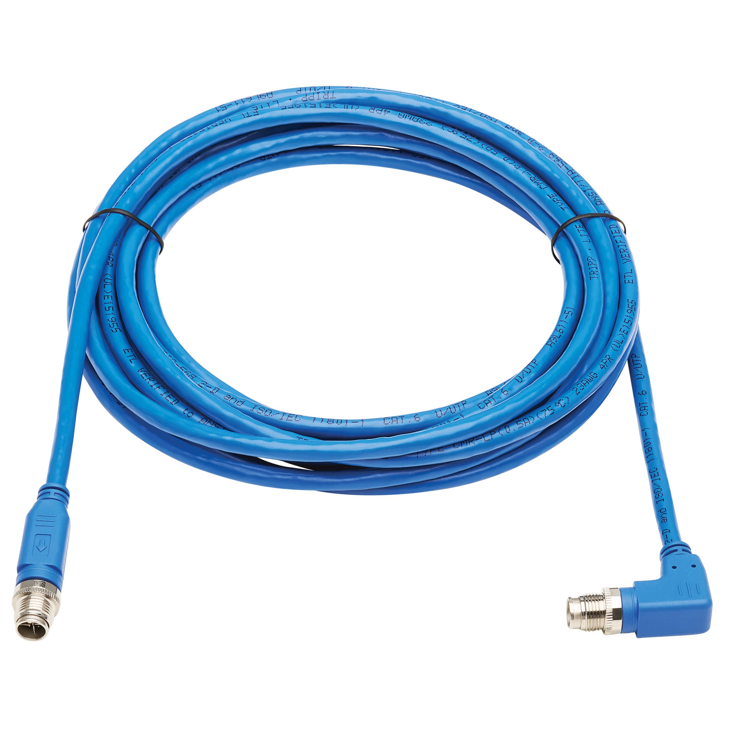 Tripp Lite M12 X-Code Right-Angle Cat6 Ethernet Cable (Male to Male) - 10M/32.8ft Blue - 1Gbps UTP, UL CMR-LP Certified, 60W PoE, Heavy-Duty IP68 Rated - Perfect for Industrial Networks, Outdoor Installations & Harsh Environments