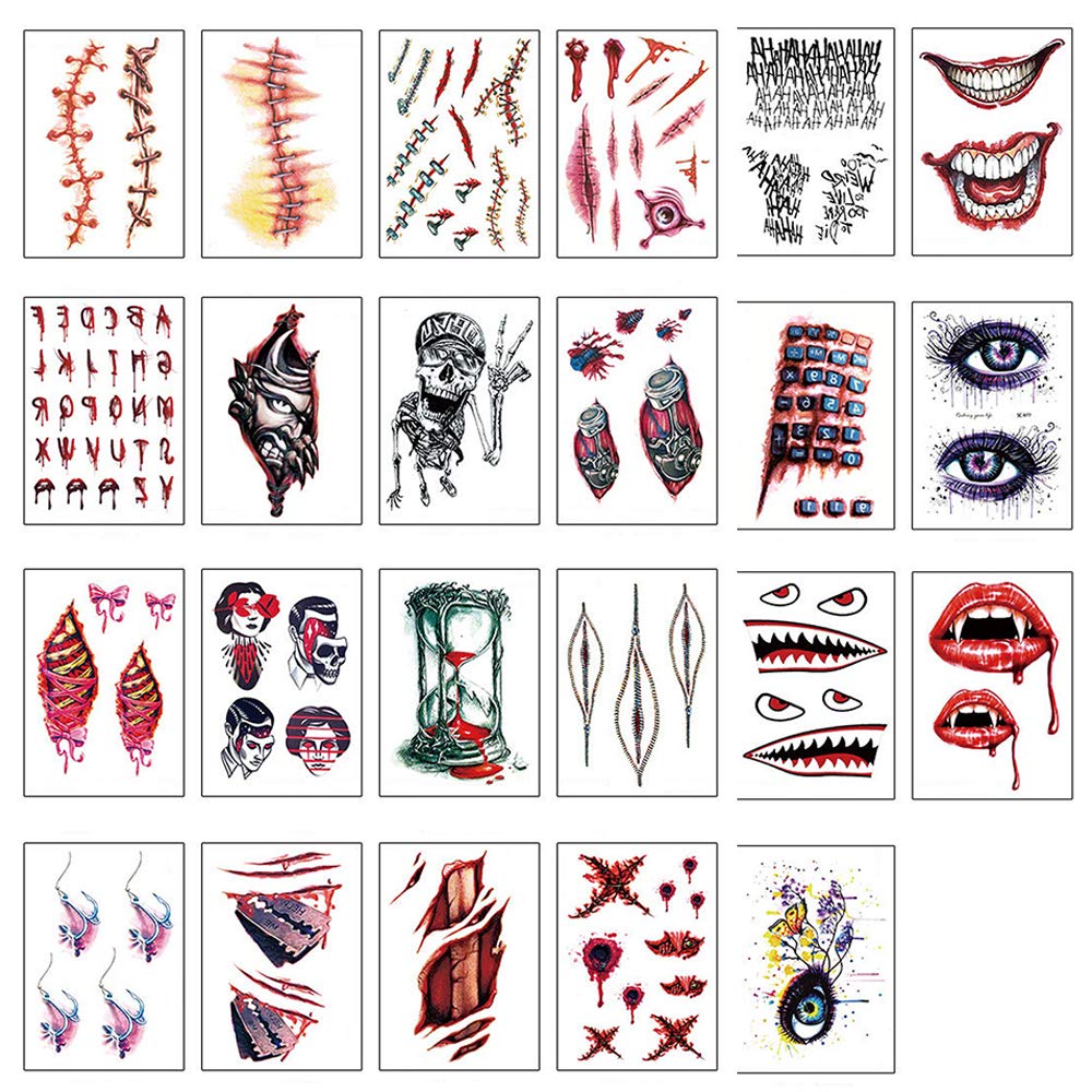 FEDBNET Halloween Scars Temporary Tattoos - Realistic Fake Wound & Zombie Tattoo Stickers with Fake Blood Effect - Perfect for Halloween Costumes, Cosplay, Horror Parties & Themed Events