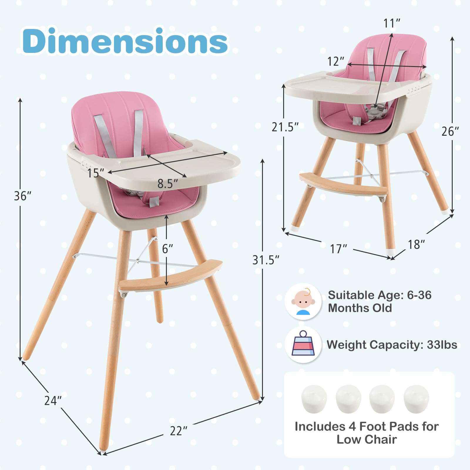 HONEY JOY 3-in-1 Wooden High Chair for Babies & Toddlers - Convertible Booster Seat with Removable Tray, 5-Point Safety Harness, PU Cushion & Adjustable Footrest - Perfect for Dining, Feeding & Learning (Pink)
