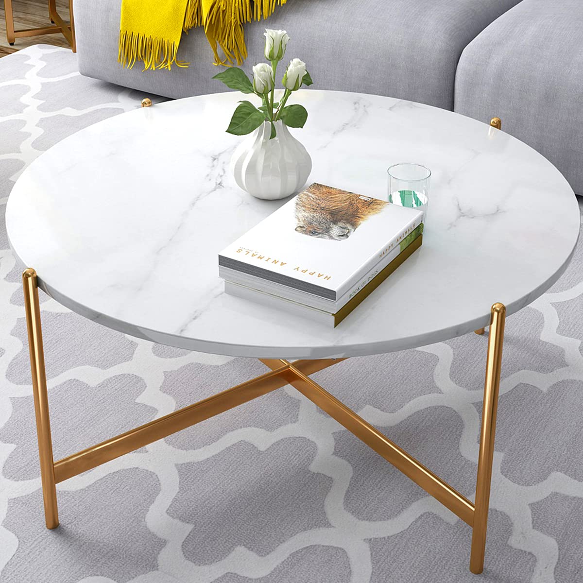 Modern Round Faux Marble Coffee Table - 36 Inch White Gold Accent Table with Sturdy Metal Frame, Easy Assembly for Living Room, Dining Room & Home Office | Perfect for Small Spaces, Coffee Date & Entertaining Guests