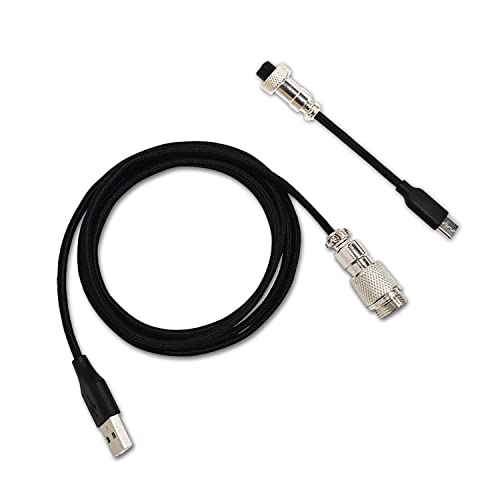 Premium Straight Black USB C Keyboard Cable with Aviator Connector - Type-C Coiled Spring Spiral Cable for Mechanical Keyboards - Double Sleeved Hand-Braided XLR Cord - Perfect for Gaming, Office & Custom Keyboard Setups