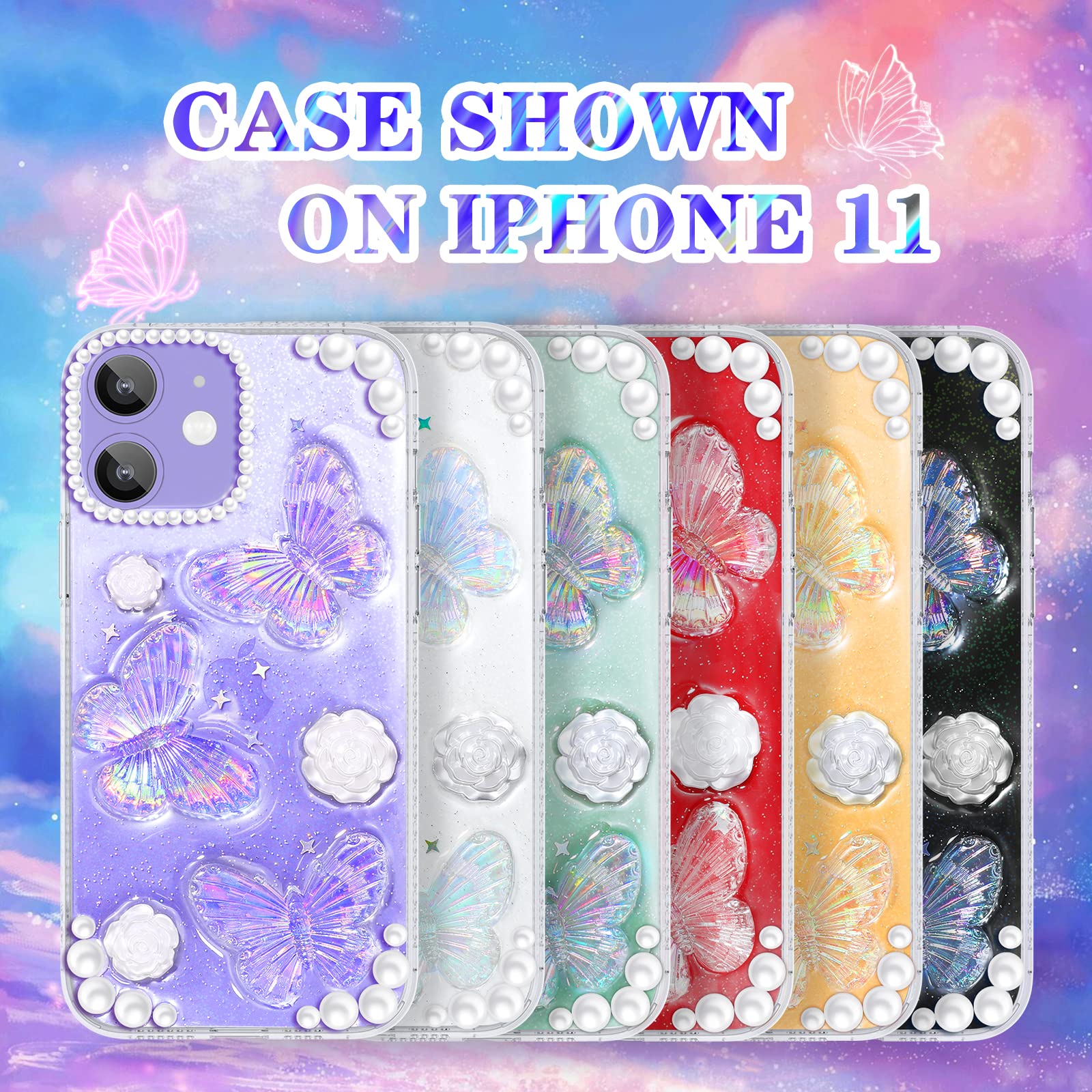 4-in-1 Clear Butterfly Glitter Phone Case for Apple iPhone 11 - Cute Girly Crystal Sparkle Design with Chain, Camera Cover & Screen Protector - Perfect Gift for Women & Teen Girls (School, Party, Daily Use)