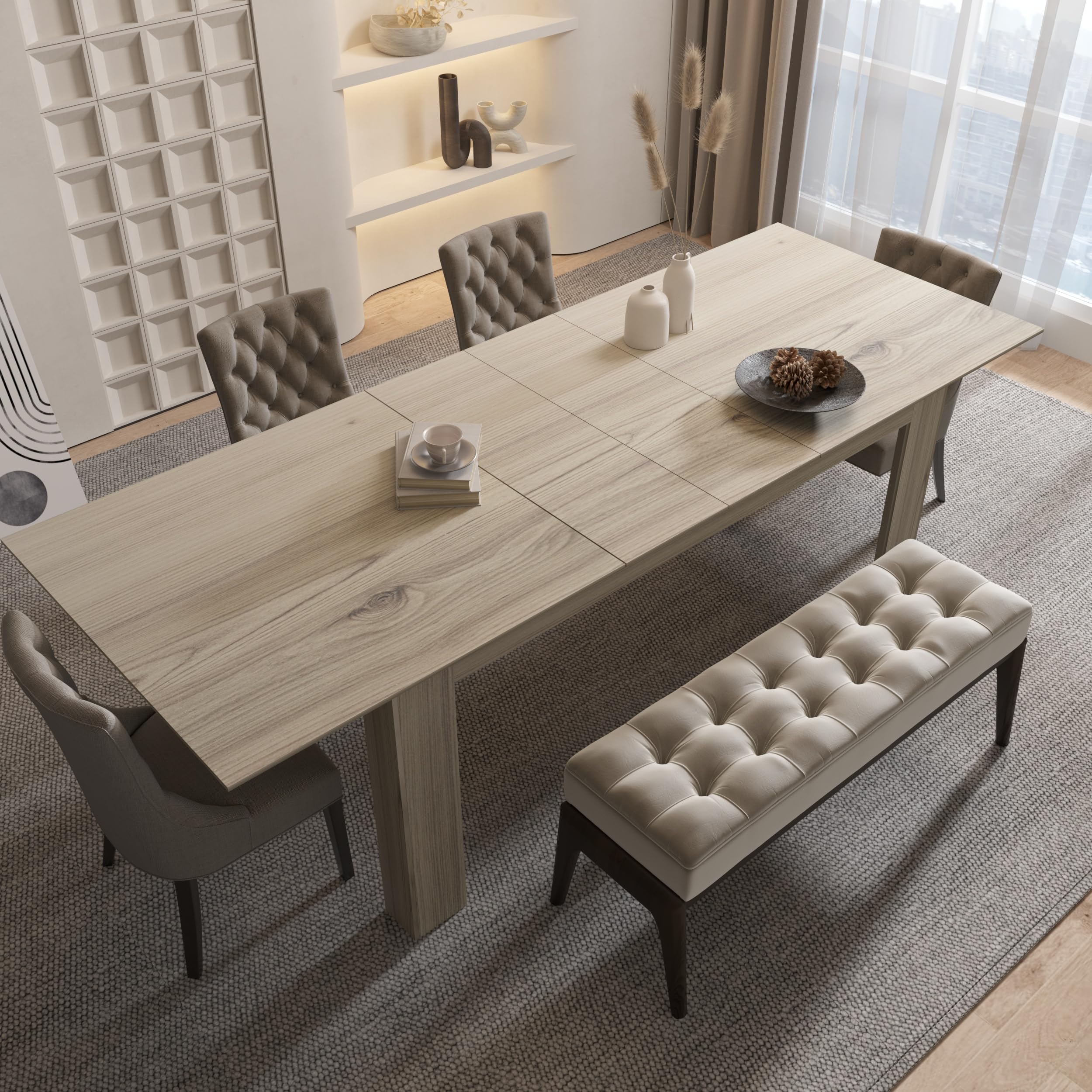 5-7.2FT Extendable Dining Table for 6-8 People - Modern Midcentury Expandable Kitchen Table with Leaf - Space Saving Dining Room Furniture for Small Homes & Apartments - Perfect for Family Dinners & Entertaining Guests