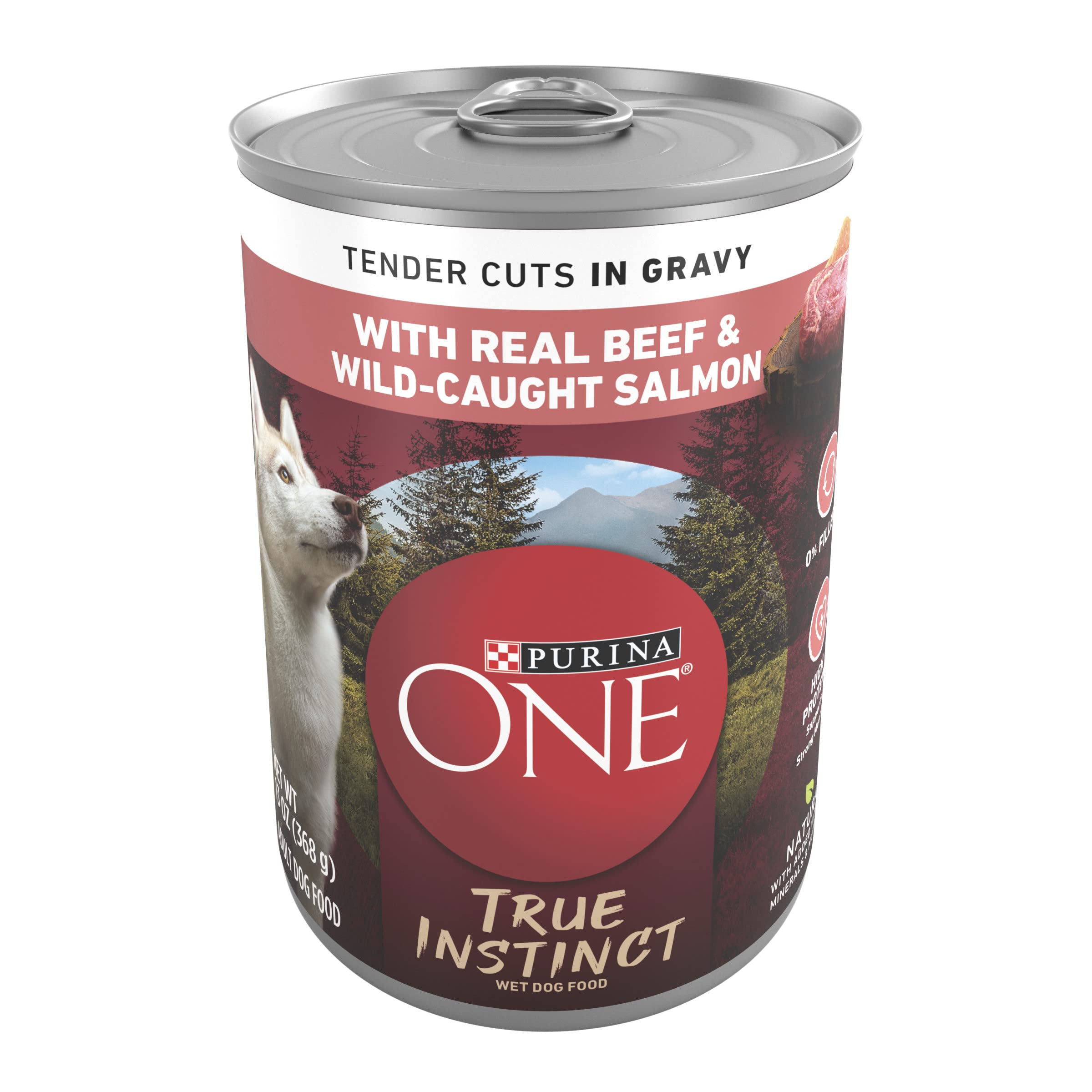 Purina ONE High Protein Wet Dog Food - True Instinct Tender Cuts in Gravy with Real Beef & Wild Salmon (12 Pack, 13 oz Cans) | Premium Nutrition for Active Dogs & Puppies | Perfect for Training Rewards, Mealtime & Outdoor Adventures