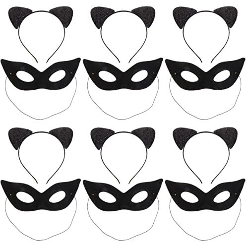 FRCOLOR 6pcs Sparkling Cat Ear Headbands for Women - Glitter Sequin Hair Hoop Accessories for Halloween, Cosplay, and Party Costume (Black & Silver) - Perfect for Costume Parties, Themed Events, and Photo Shoots