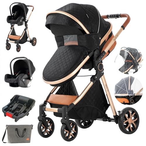 3 in 1 Baby Travel System - Infant Stroller, Reversible Seat & Foldable Baby Carriage with Base (Black) | Newborn to Toddler | Perfect for Shopping, Travel & Daily Walks