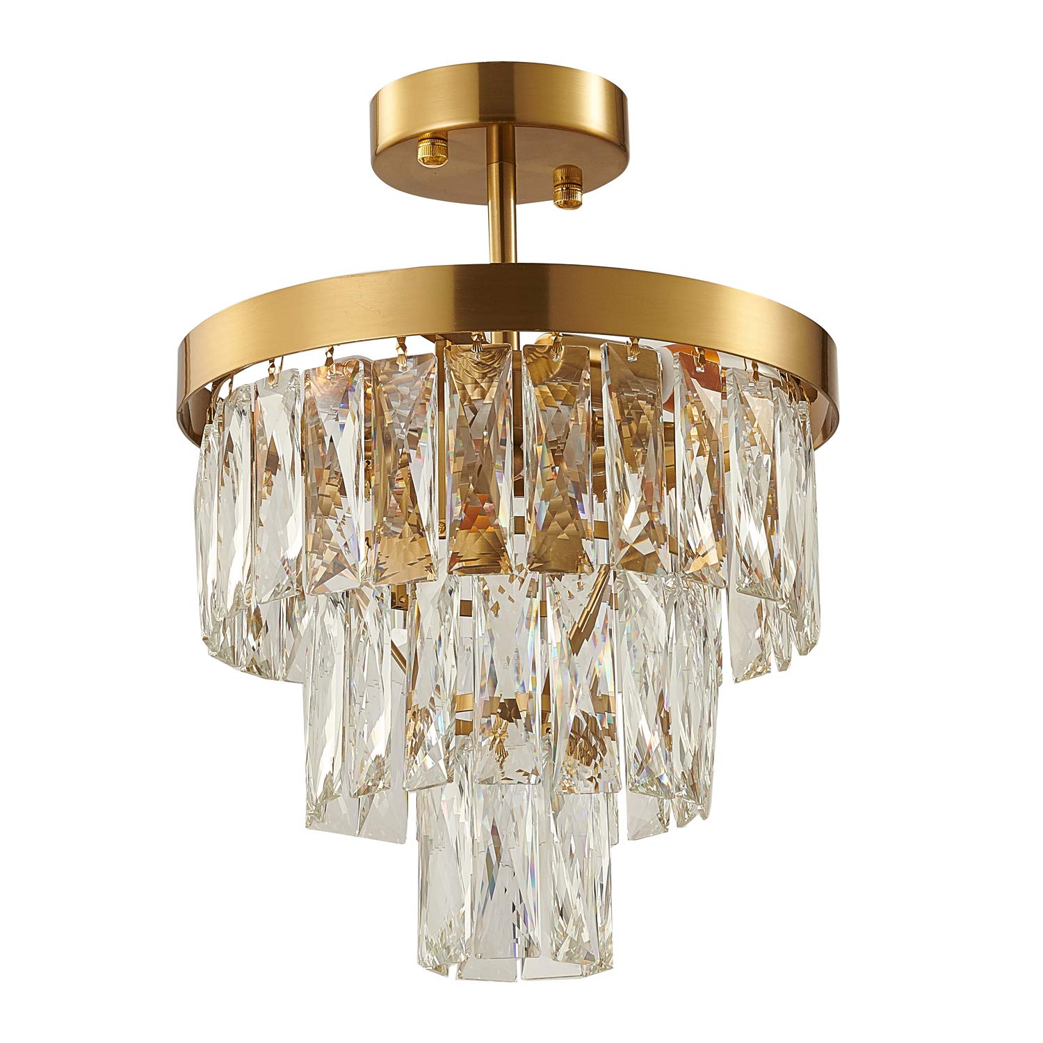 Bethel Gold Metal Frame Semi Flush Mount Ceiling Light with Clear Hanging Crystals - Elegant Lighting for Bedroom, Dining Room & Hallway
