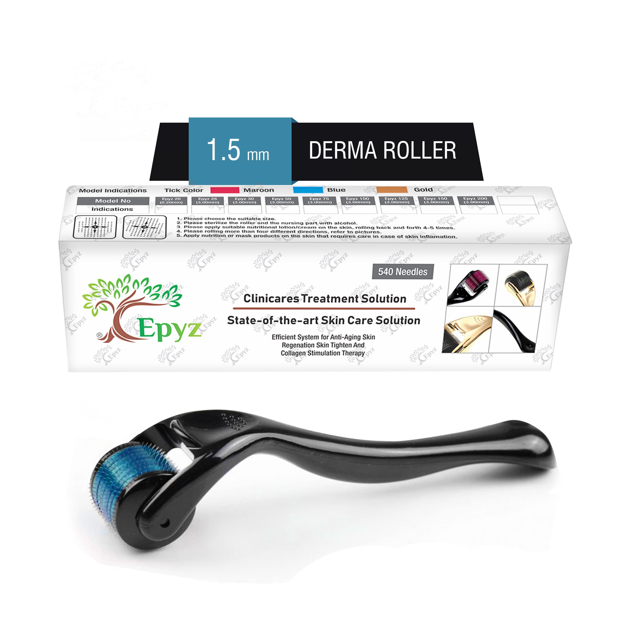Epyz 540 Needle Derma Roller 1.5mm - Professional Microneedling Tool for Acne Scars, Wrinkles, Hair Growth & Skin Rejuvenation - Includes Storage Case (Blue) - Perfect for At-Home Facial Treatments & Hair Care Routine