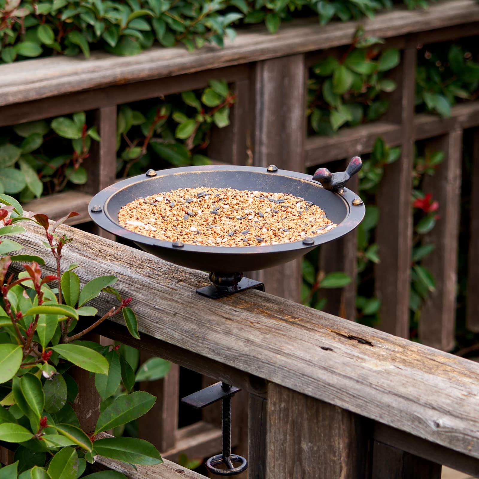 11 Inch Deck Mounted Bird Bath - Metal Bird Bath with Removable Steel Clamp for Deck Railing | Outdoor Garden Decoration for Patio, Yard & Backyard Bird Watching