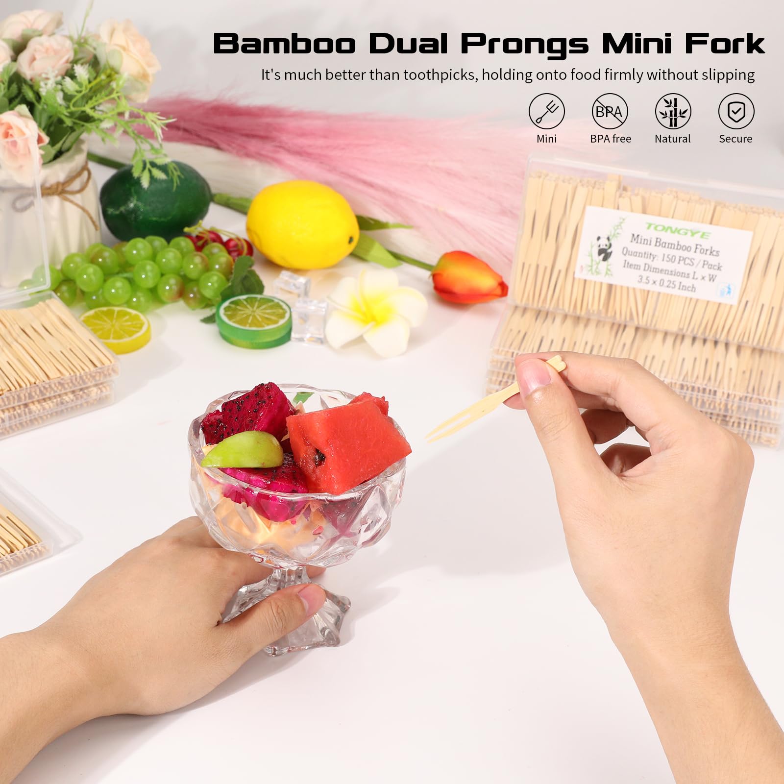 Disposable Mini Appetizer Forks - 150 PCS 3.5 Inch Small Bamboo Wooden Two-Prong Forks for Fruits, Charcuterie, Cocktails & Party Platters | Perfect for Catering, Weddings & Home Entertaining