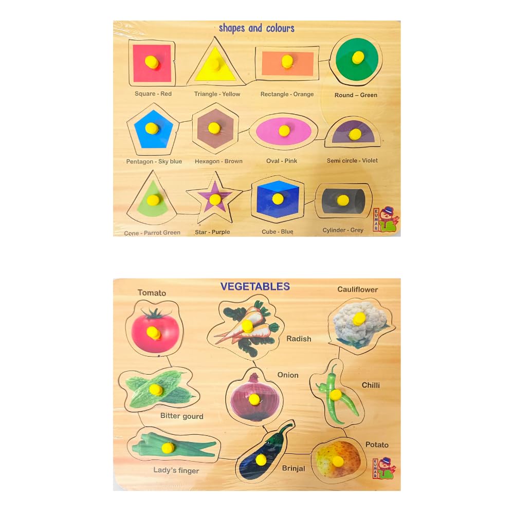 5-Piece Wooden Learning Puzzle Set for Kids & Adults - Shapes, Vegetables, Wild Animals, Birds, Fruits - Educational Wooden Toys for Toddlers 3+ Years - Perfect for Early Childhood Development & Family Game Night