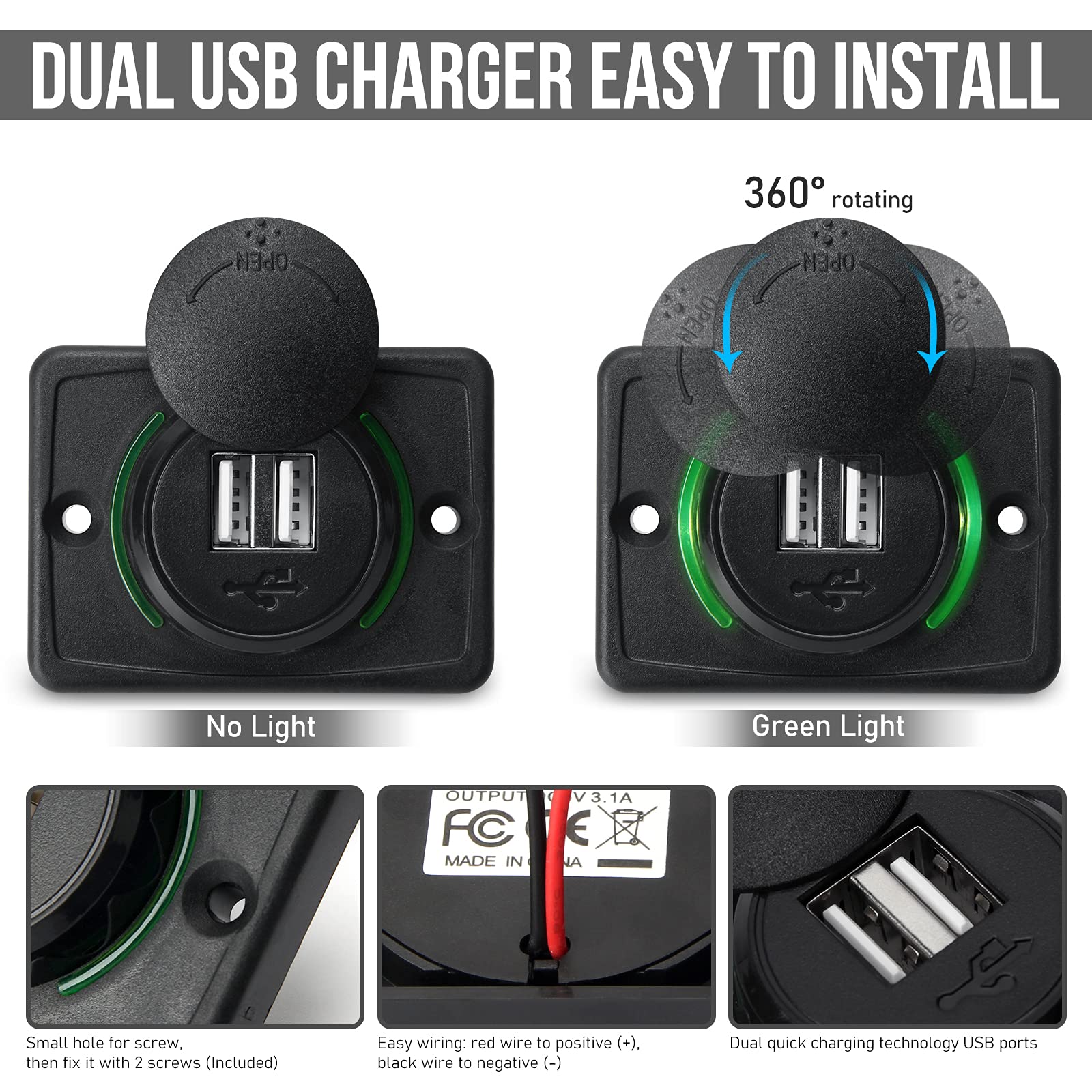 12V RV USB Charger - Dual Port Quick Charge 3.0 Wall Mount Charging Station with LED Indicator & Protective Cap for Car, Camper, Boat, Marine, SUV, ATV (Black) - Perfect for Road Trips & Outdoor Adventures