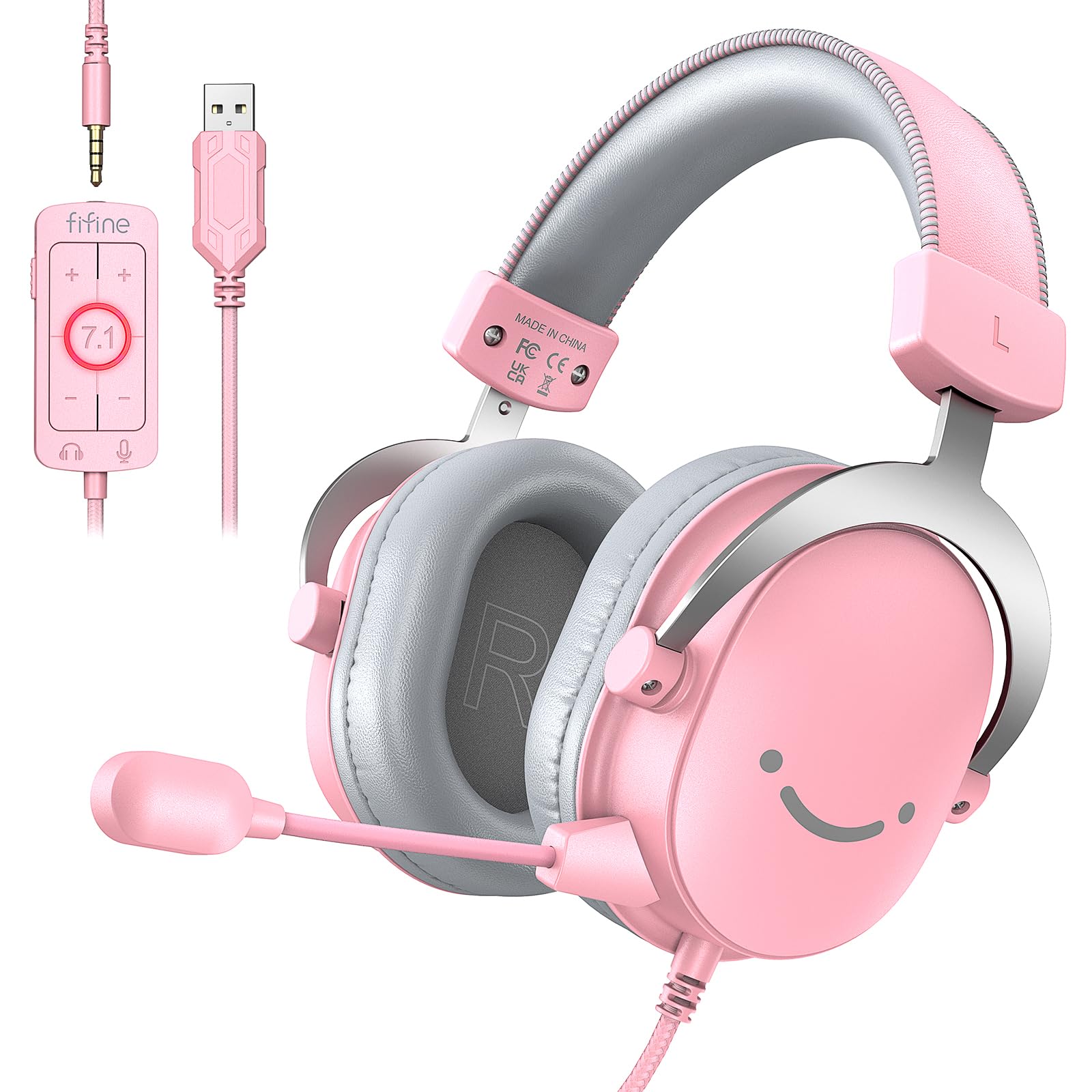 FIFINE USB Gaming Headset with Detachable Mic - 7.1 Surround Sound Wired Headphones for PC, PS5, Xbox & Switch - Over-Ear Noise Cancelling Headset with Volume Control (Pink) - Perfect for Live Streaming, Gaming & Online Classes