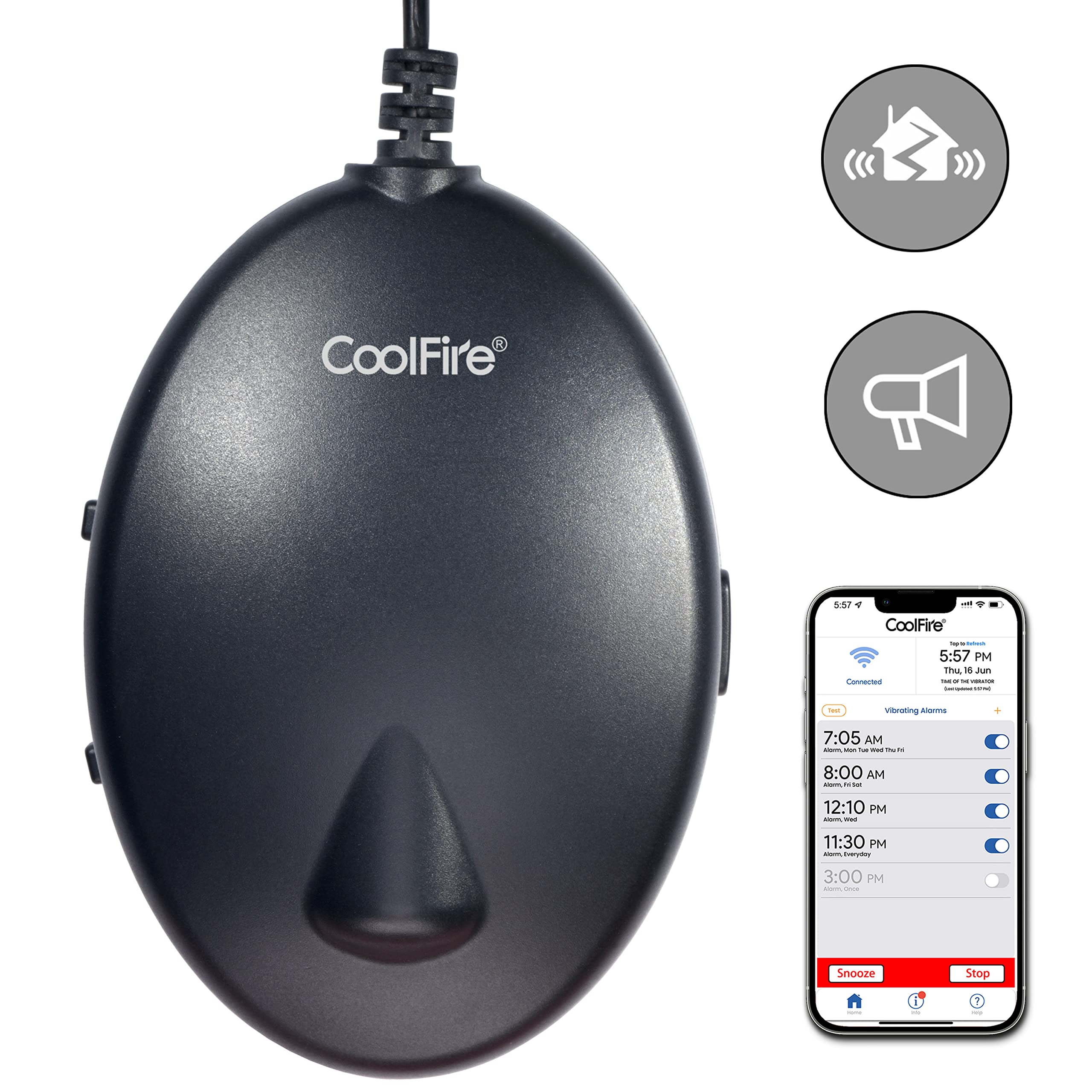 CoolFire - Smart App Controlled Vibrating Alarm Clock with Loud Sound & Bed Shaker for Heavy Sleepers Adults | Wake Up Easily for Work, School & Travel
