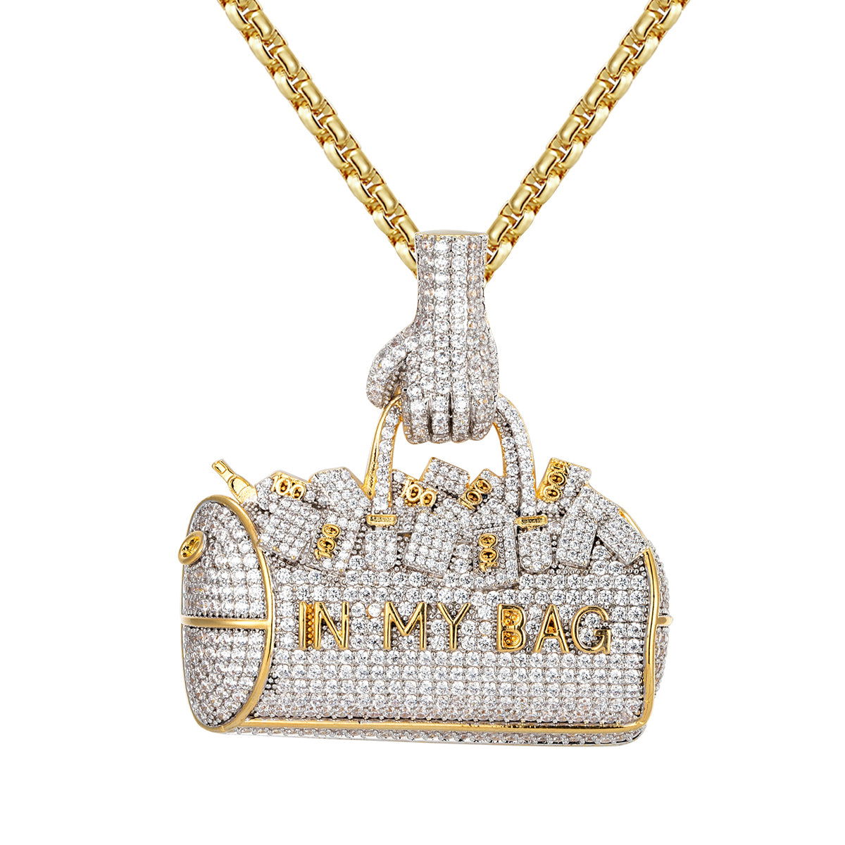 3D Icy 14K Gold Tone Dollar Bill Money Bag Pendant Necklace - Hip Hop Bling Jewelry for Men & Women, Perfect for Rappers, Parties, and Streetwear Fashion