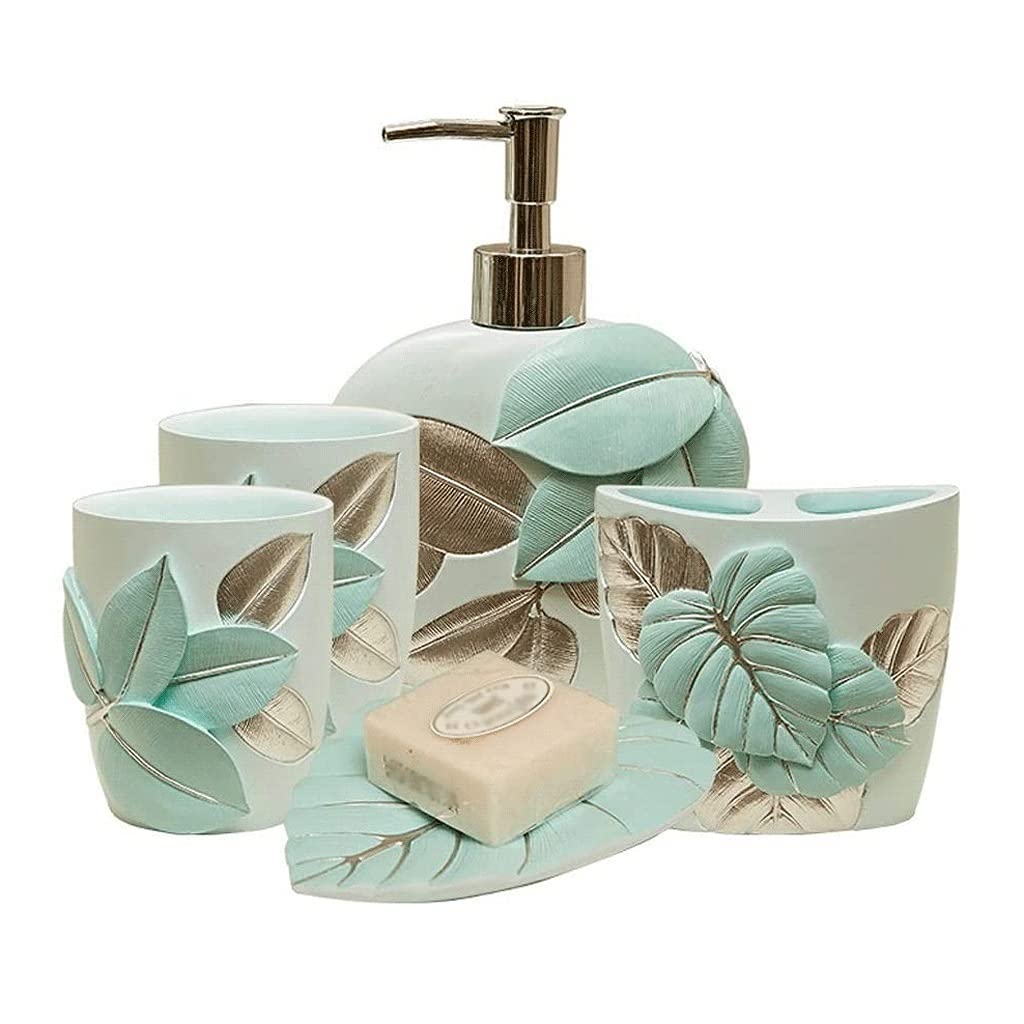 5-Piece Resin Bathroom Accessory Set - Soap Dispenser, Toothbrush Holder, Soap Dish & Tumblers with Leaf Design | Elegant Home Decor for Bathroom Organization & Housewarming Gifts | Perfect for Spa-Like Bathroom Makeovers and Guest Bathroom Essentials