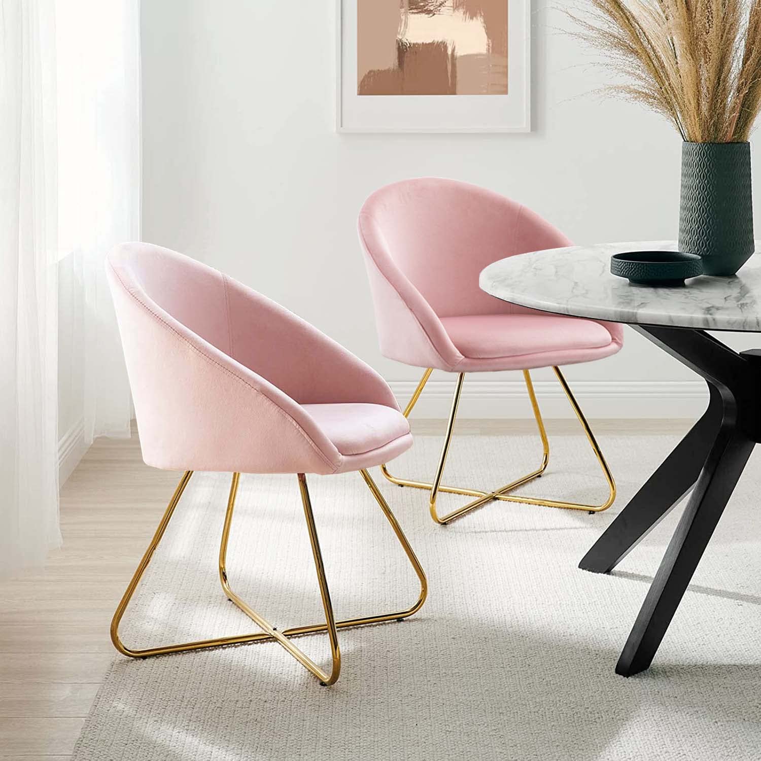 Velvet Accent Chair Set of 2 - Pink & Gold for Living Room, Bedroom