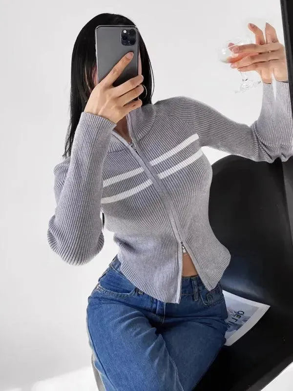 Stylish Striped Zipper Cardigan Sweater for Women - Cozy Fall & Winter Fashion - Perfect for Office, Casual Outings & Layering