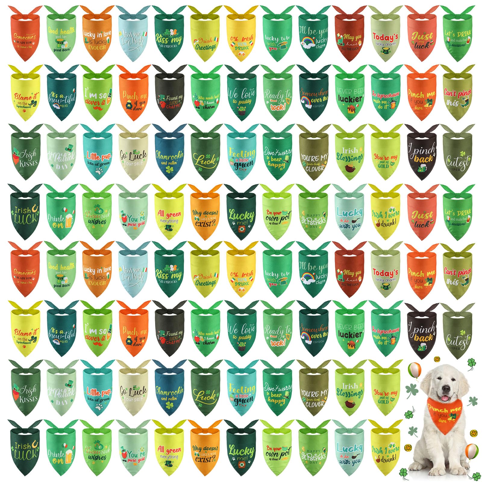 100 Pcs St Patrick's Day Dog Bandanas - Bulk Pet Triangle Scarves with Fun Sayings, Washable & Adjustable Puppy Kerchiefs for Small Medium Large Dogs - Cute Pet Costume Accessories for Parties, Parades & Holiday Photos