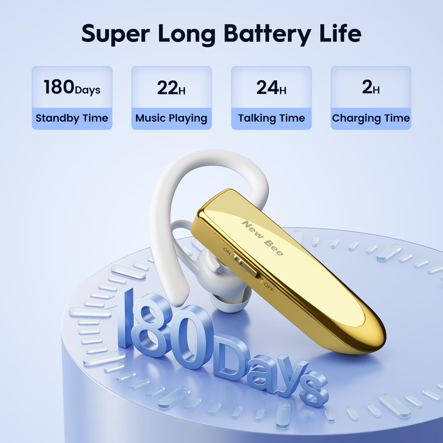 New Bee Bluetooth Earpiece Wireless Headset with Clear Voice Capture Technology - Gold | Hands-Free In-Ear Headphones for iPhone, Samsung, Huawei, HTC, Sony | Perfect for Driving, Workouts & Office Calls