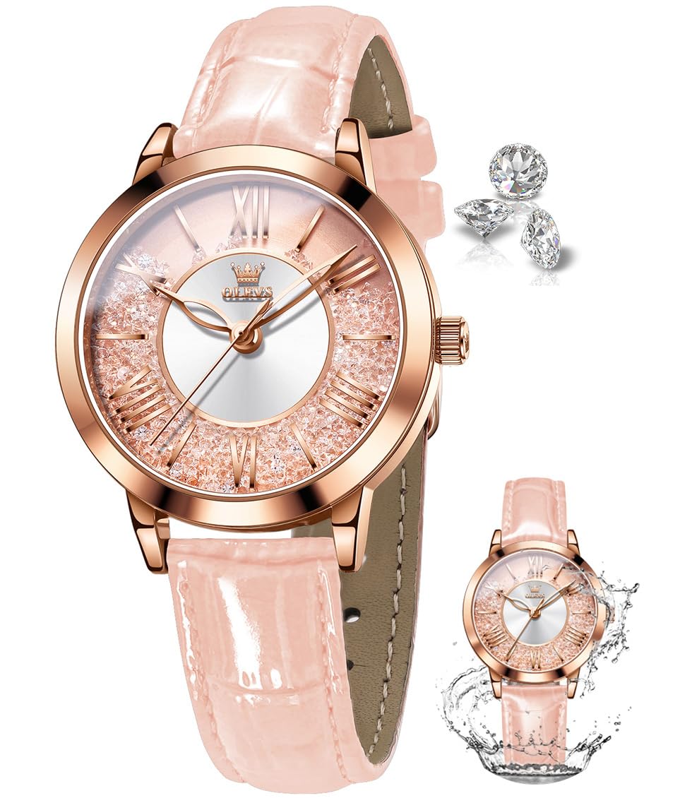 OLEVS Women's Elegant Diamond Dress Watch - Analog Quartz Leather Waterproof Wristwatch with Large Face - Perfect for Office, Party & Formal Occasions