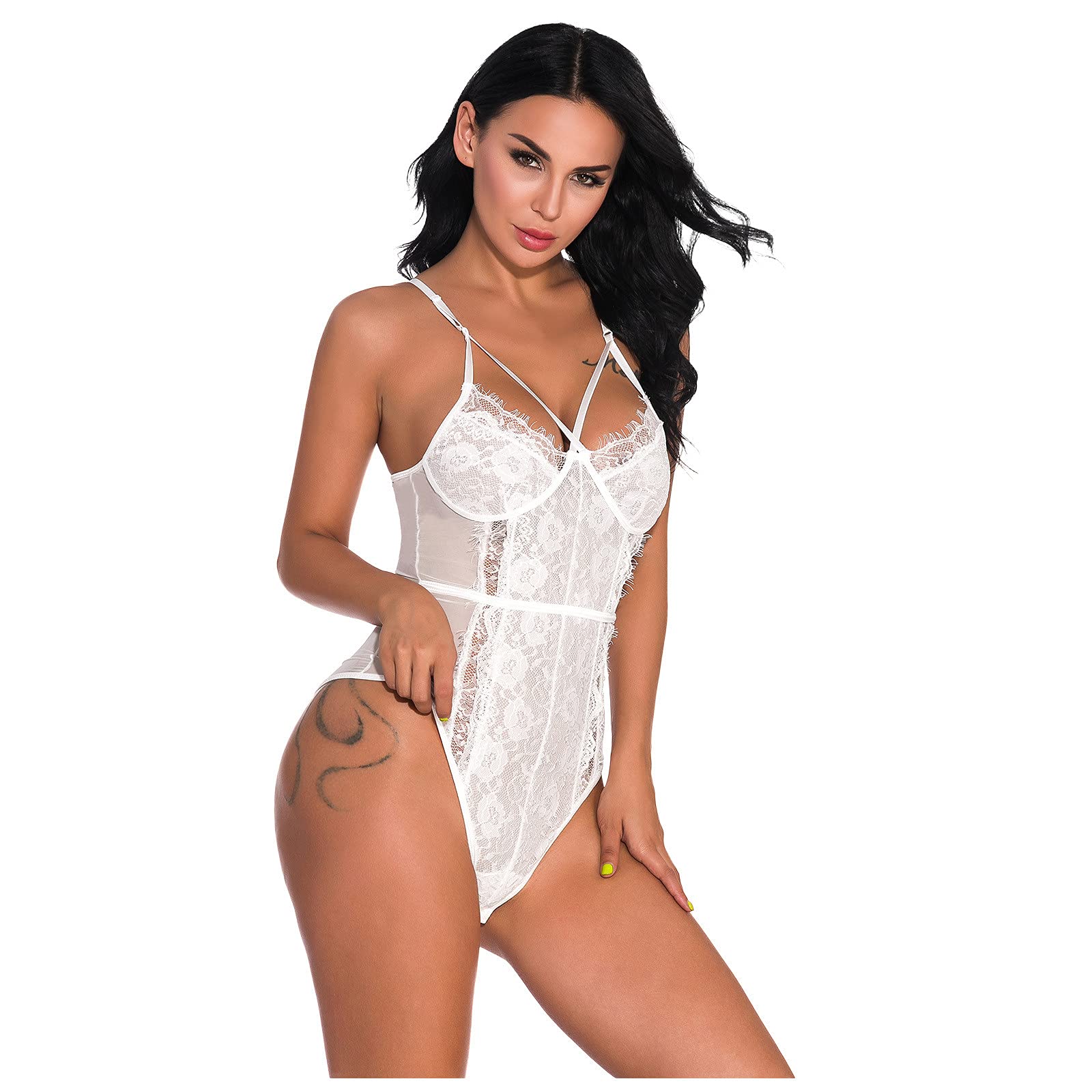 Sexy Lace Teddy Lingerie for Women - Backless Mesh Babydoll Bodysuit with Cut Out Design & Suspender Straps | Perfect for Valentine's Day, Honeymoon & Romantic Nights