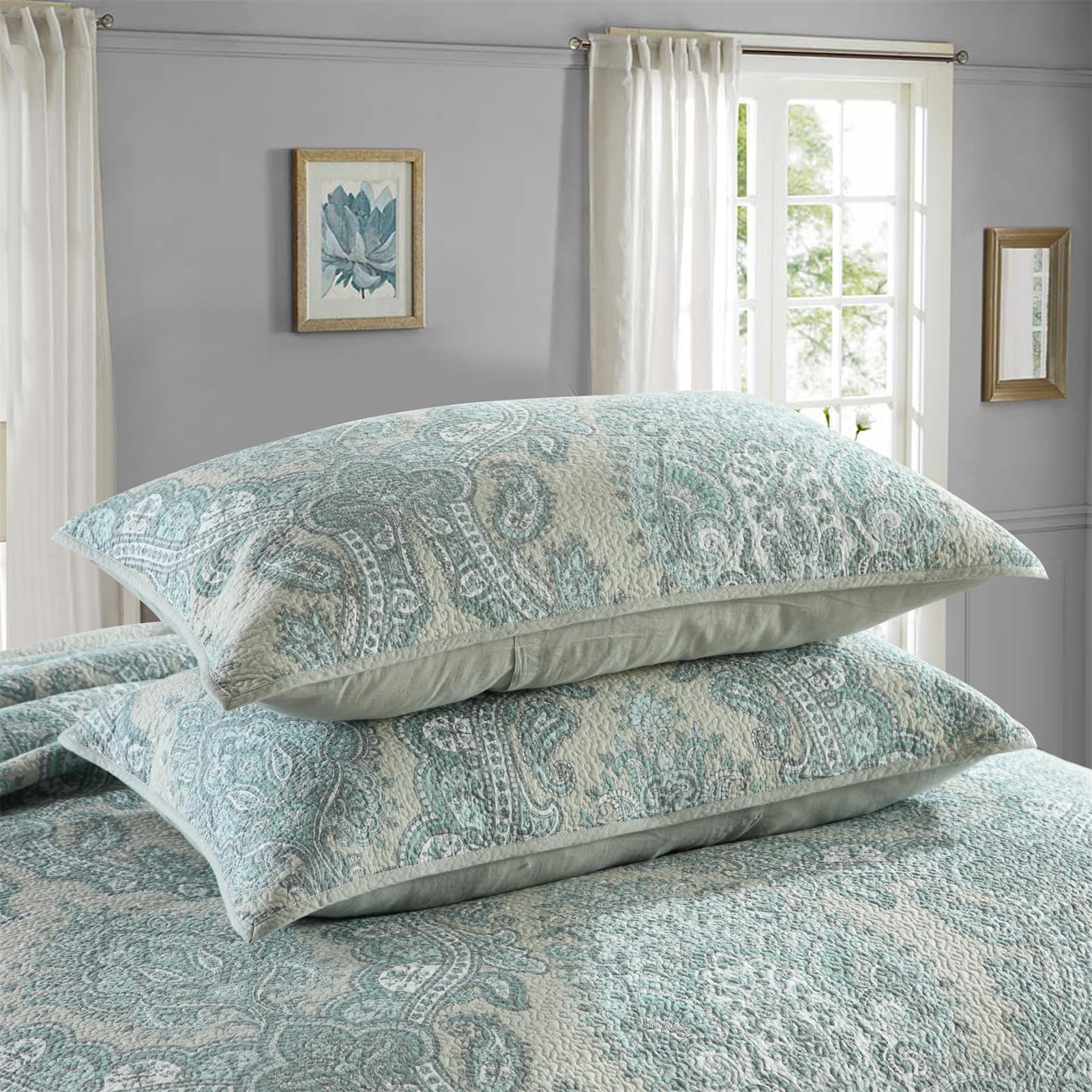 ABREEZE 3-Piece Cotton Coverlet Quilt Bedspread Set - Queen Size, Soft & Comfortable Farmhouse Style Bedding, Blue Paisley Design - Perfect for Guest Rooms, Master Bedrooms & Cozy Farmhouse Decor
