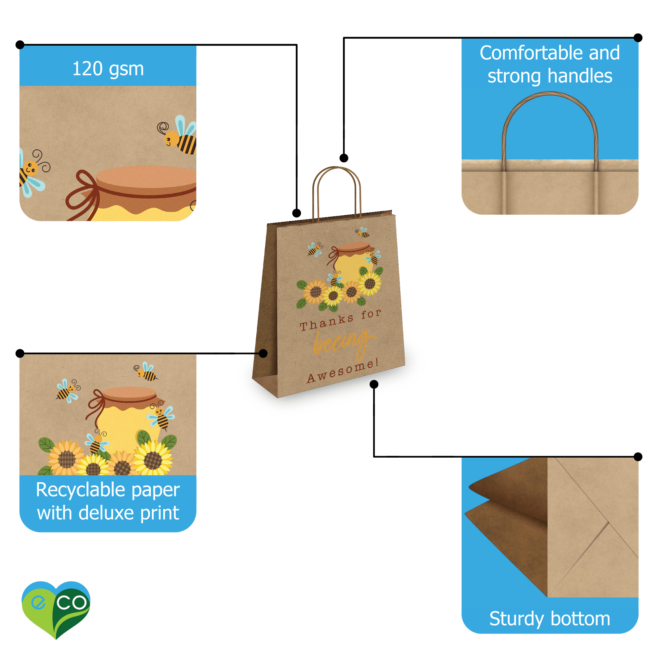 Eco-Friendly Sunflower Kraft Gift Bags - Assorted Sizes (5-Pack) - Perfect for Birthday Parties, Baby Showers & Wedding Favors