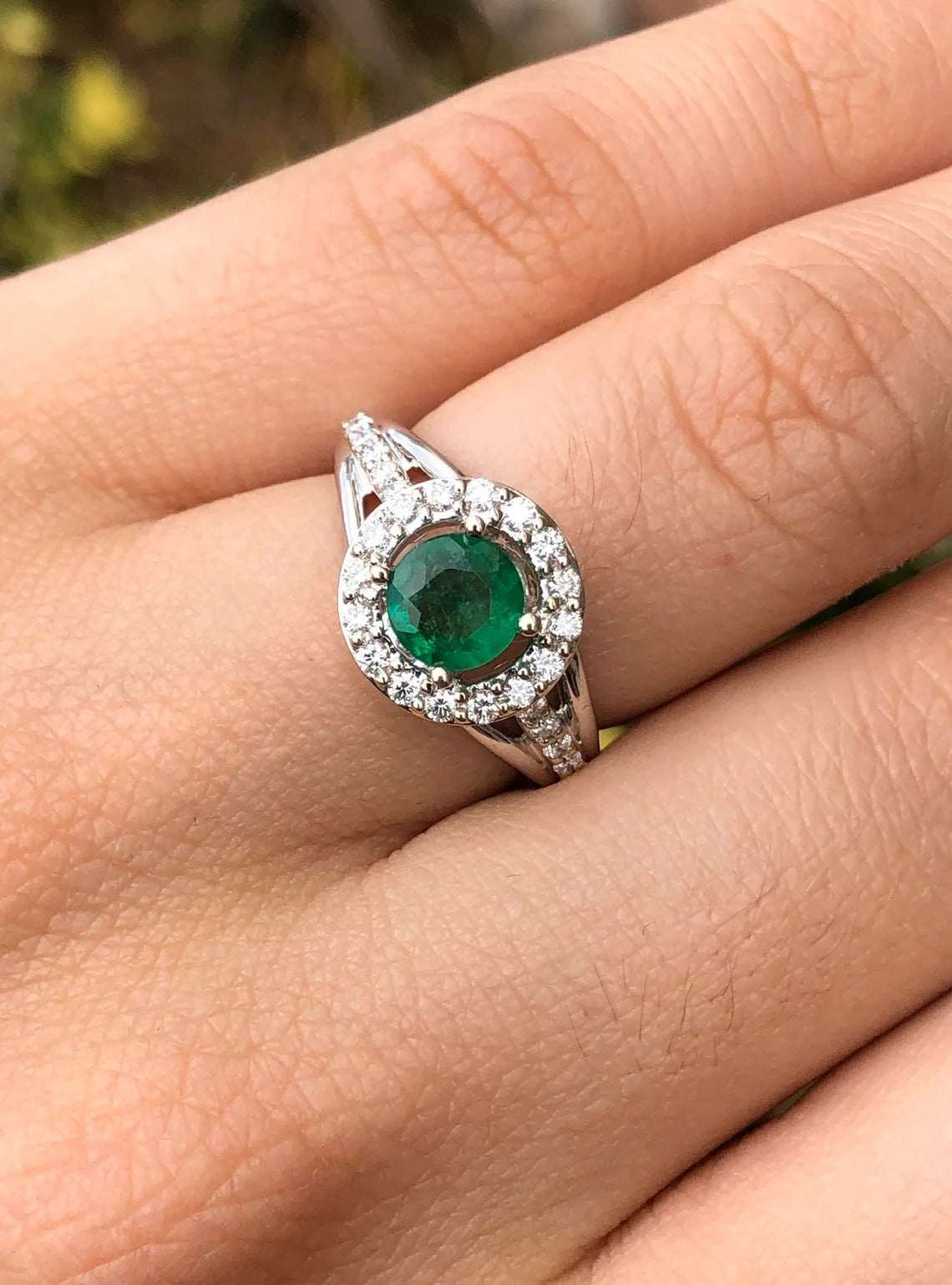 1.59tcw Split Shank Emerald and Diamond Ring in 14K Gold - Elegant Engagement, Wedding, or Anniversary Jewelry Gift for Women
