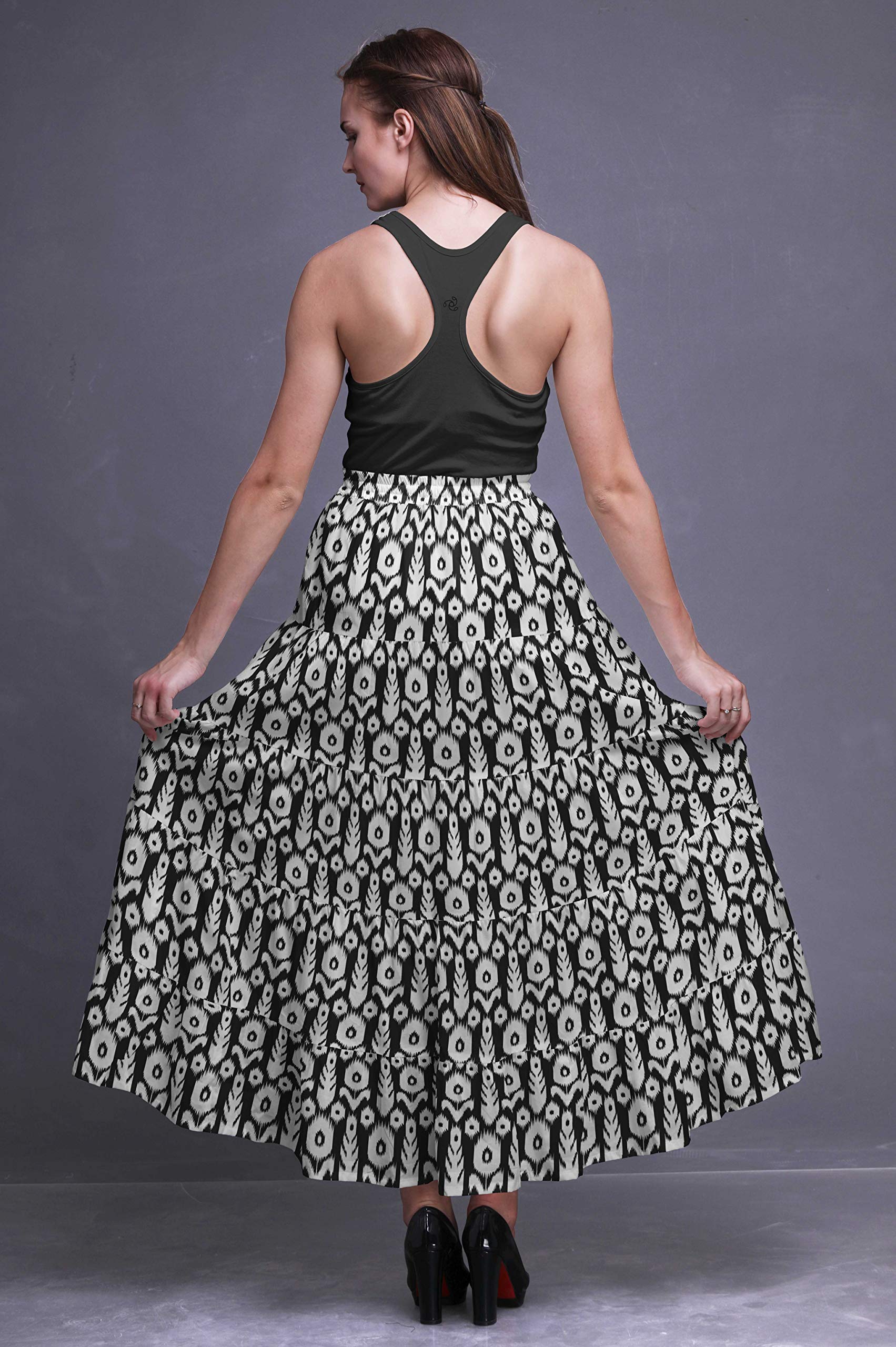 Boho Printed Long 5-Tier Cotton Skirt for Women - Flowy Maxi Skirt with Elastic Waistband for Summer, Beach, Music Festivals & Casual Outings
