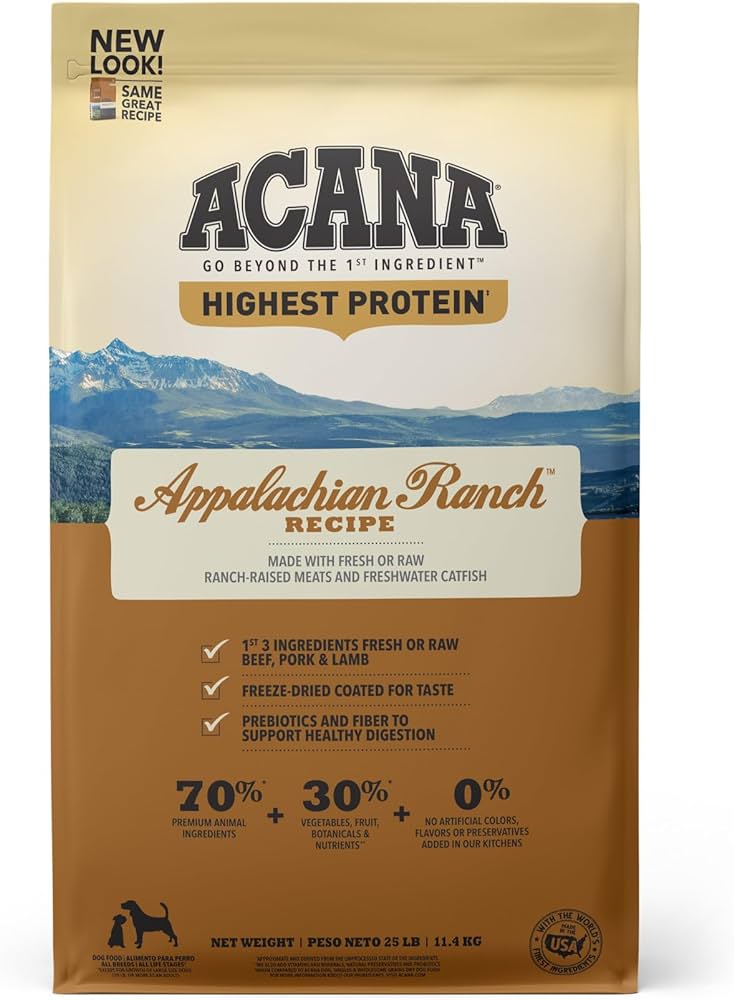 Acana Highest Protein Grain Free Dry Dog Food for Large Breeds - Appalachian Ranch Recipe - Premium Kibble for Active Dogs & Outdoor Adventures