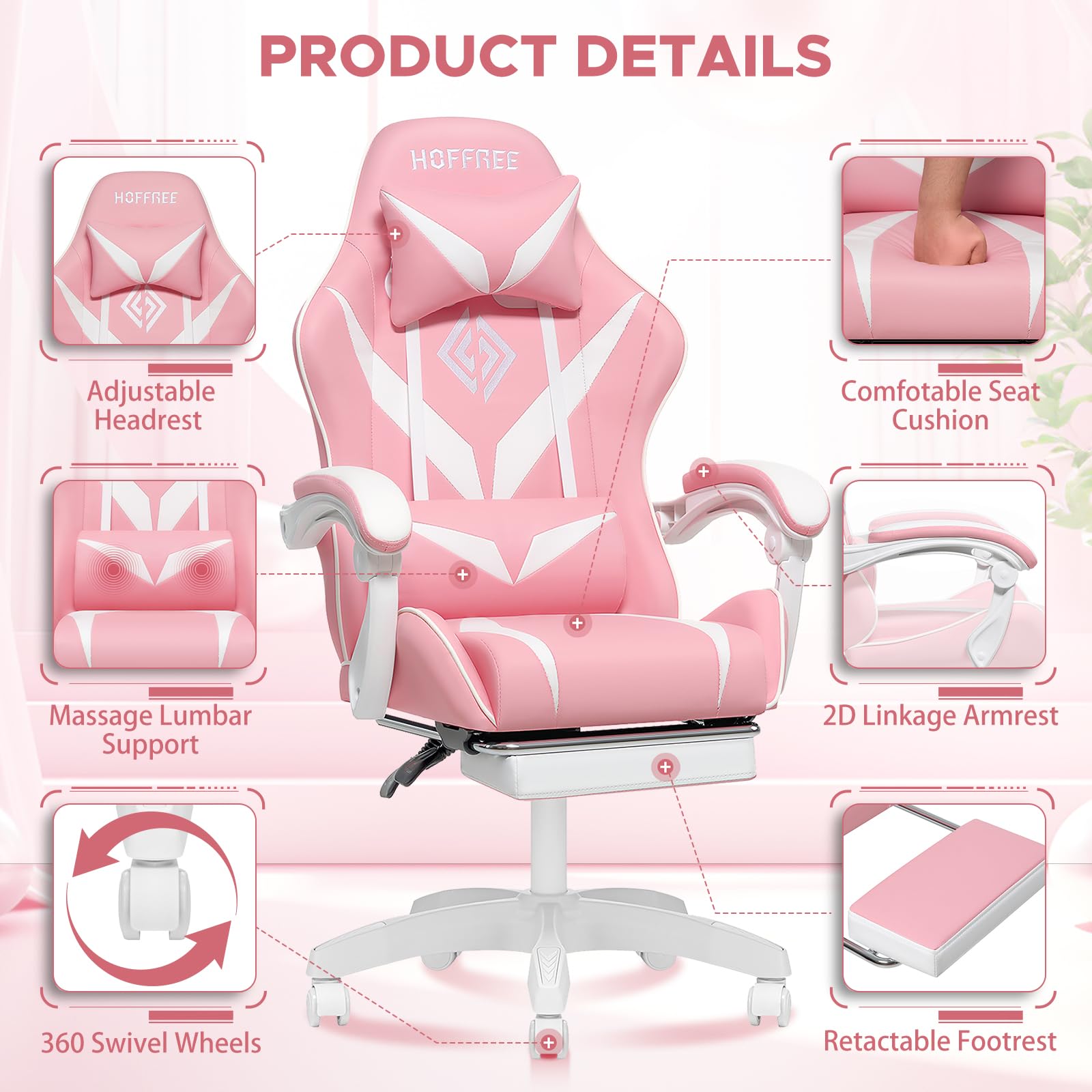 HOFFREE Pink Gaming Chair with Massage & Footrest - Ergonomic Computer Chair with Lumbar Support & Headrest - Reclining PC Gamer Chair for Women & Girls - Perfect for Gaming Setup, Home Office & Streaming Room