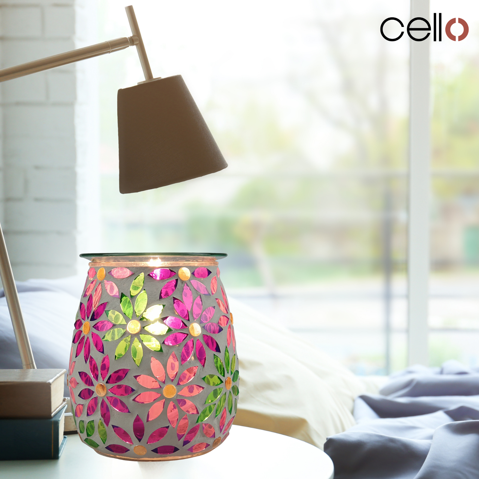 Cello Electric Wax Warmer with Mosaic Glass Design - Pretty Petals Floral Aromatherapy Wax Melter for Home, Office & Spa Relaxation