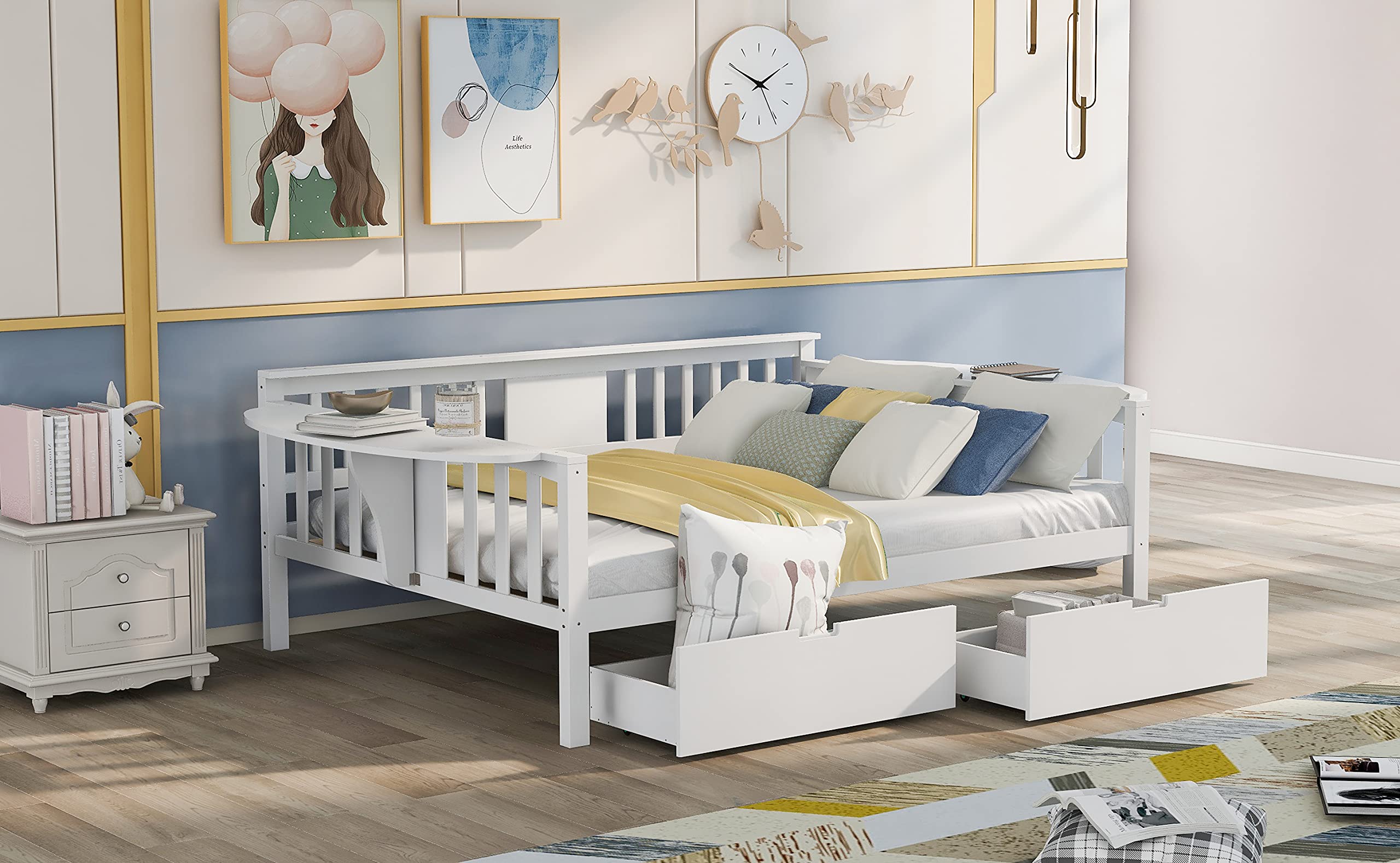 Solid Wood Full Size Daybed with 2 Storage Drawers & Side Table - No Box Spring Needed, Wood Slat Support - Easy Assembly Sofa Bed for Bedroom, Guest Room, Living Room (White) - Perfect for Small Spaces, Dorm Rooms & Home Offices