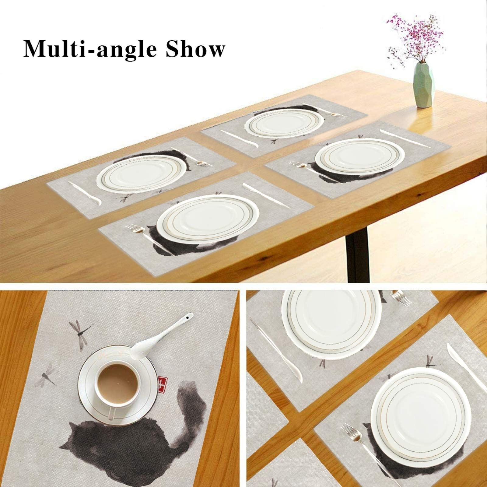 Retro Black Fluffy Cat & Dragonfly Placemats Set of 4 - Non-Slip Vinyl Table Mats 12x18 Inches for Dining Table, Kitchen Decor, Home Decoration - Perfect for Everyday Meals, Dinner Parties & Holiday Gatherings