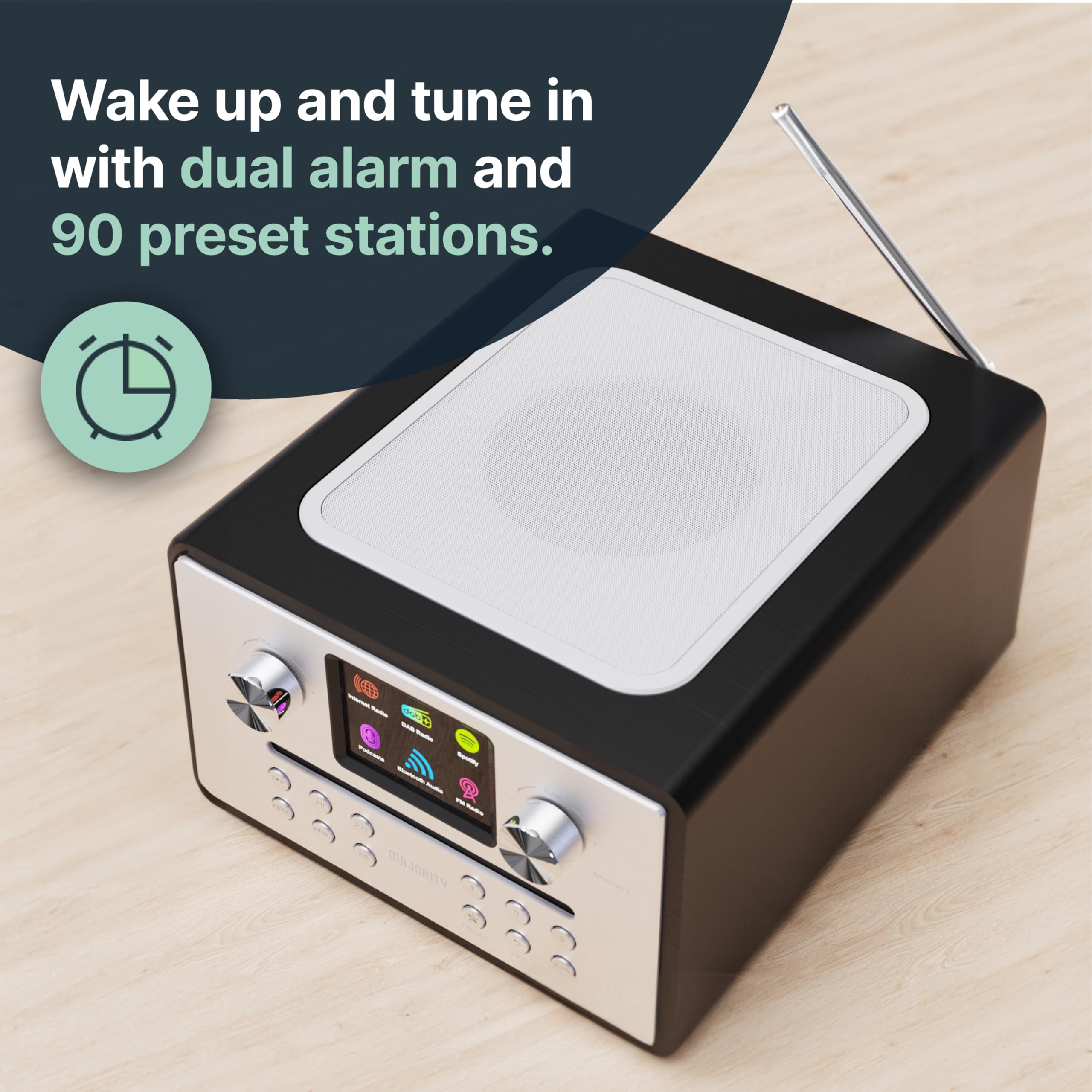 Majority Homerton Internet Radio CD Player with DAB+/FM, Bluetooth & Spotify Connect - Digital Alarm Clock with 90 Presets, Custom EQ & LED Display - Perfect for Bedroom, Kitchen & Office Use