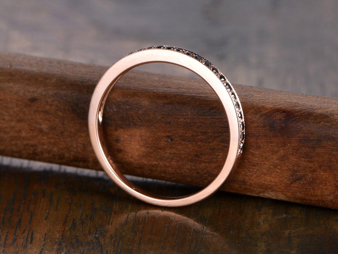 14K Rose Gold Black Diamond Wedding Band for Women - Half Eternity Ring with Milgrain Detailing | Elegant Bridal Jewelry & Anniversary Gift