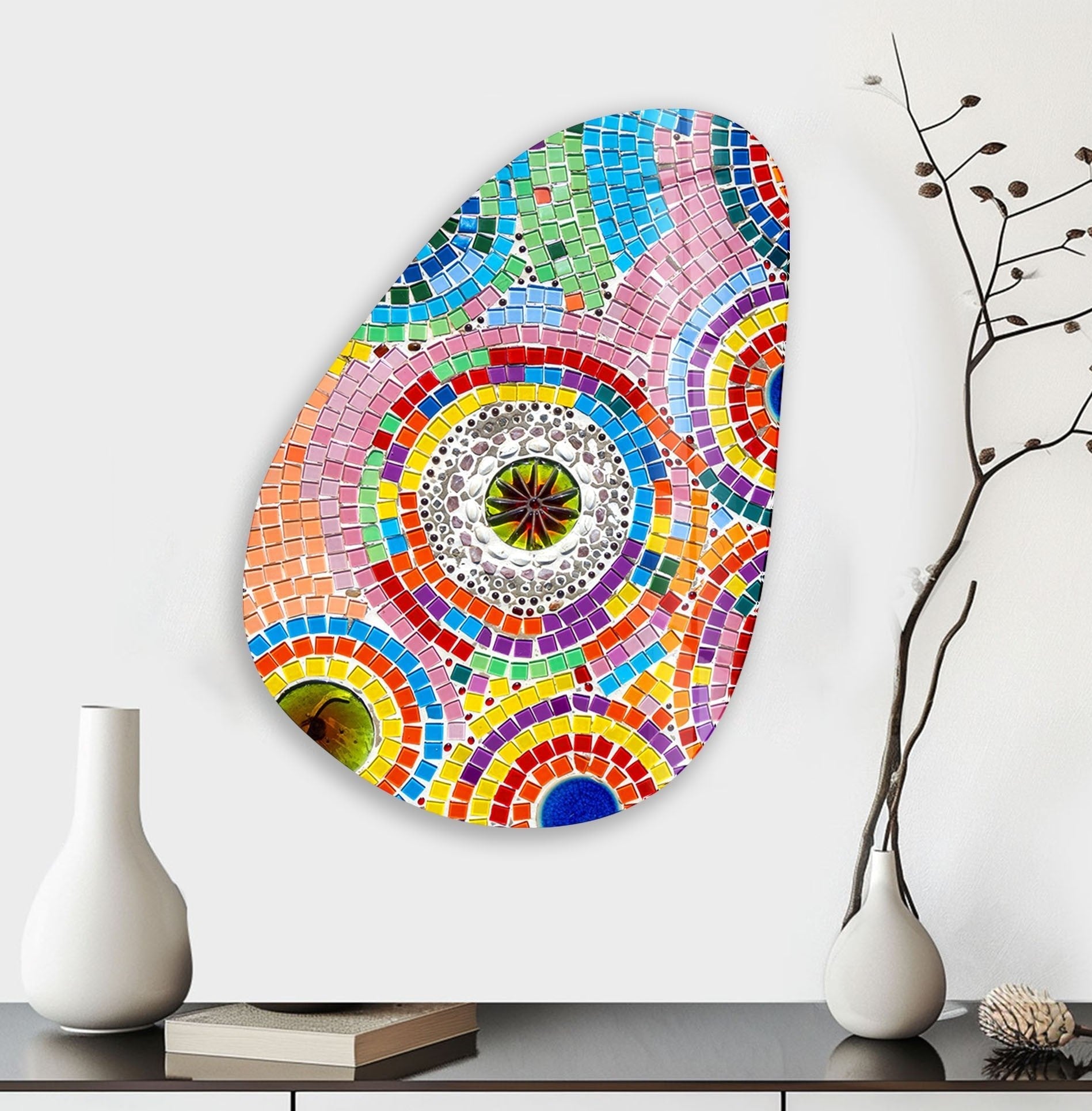 Asymmetrical Oval Mosaic Colored Glass Wall Art - Handmade Modern Home Decor for Living Room, Bedroom & Office - Unique Abstract Wall Hanging for Boho, Contemporary & Mid-Century Interior Design