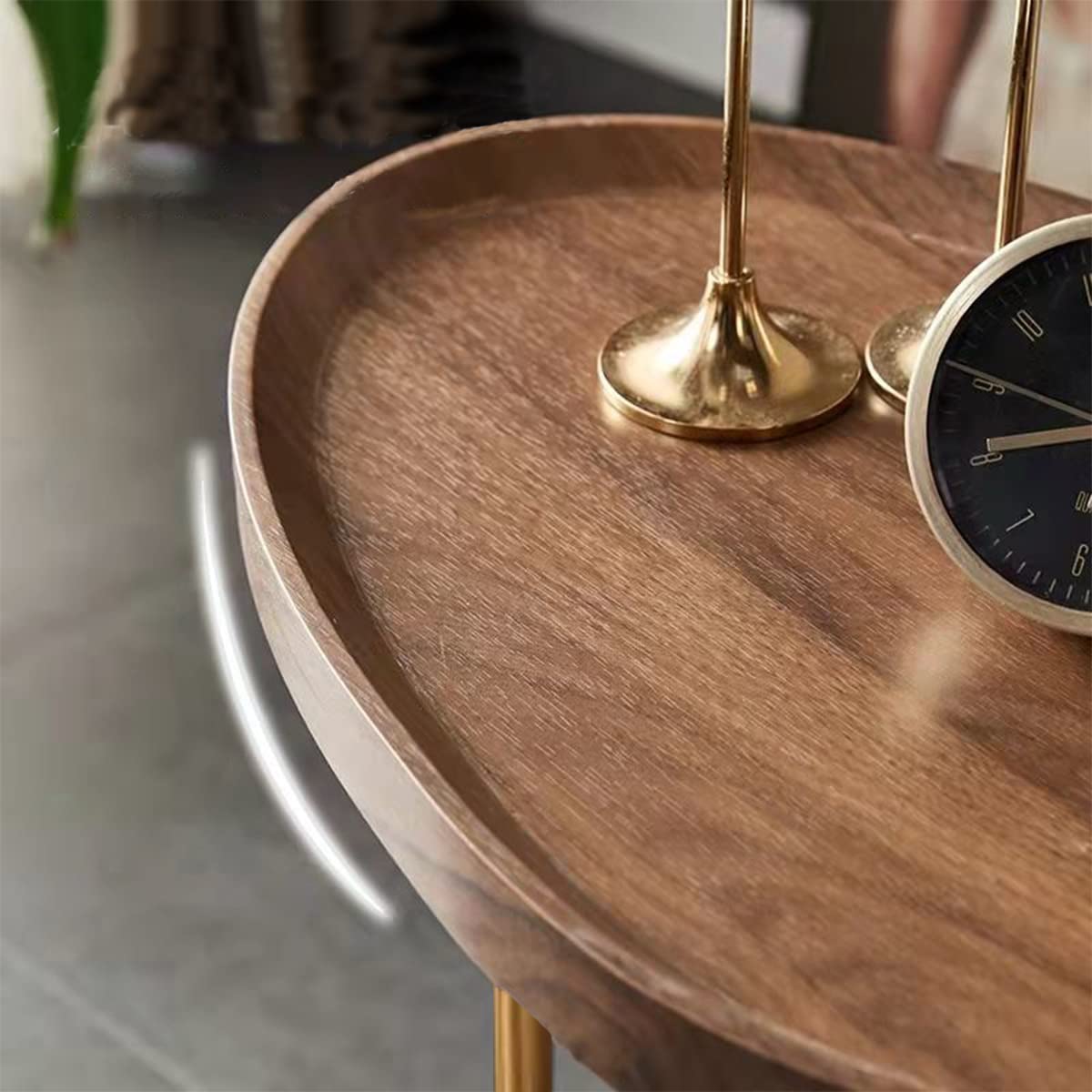 Modern Round C-Shaped Side Table with Gold Frame & Oval Wood Top - Small Coffee Table for Sofa, Bedside, Living Room | Perfect as TV Tray, Couch Table & Nightstand for Home Decor