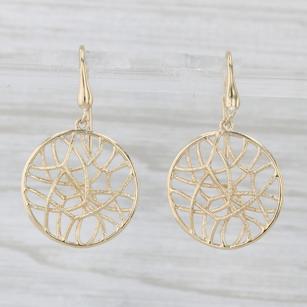 14K Yellow Gold Abstract Filigree Circle Dangle Earrings for Women - Elegant Hook Post Design for Parties, Weddings & Special Occasions