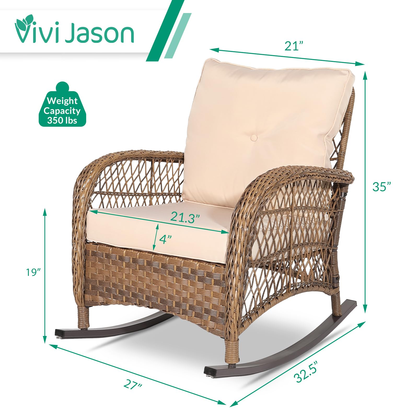 VIVIJASON All-Weather Outdoor Wicker Rocking Chair with Cushions - Patio Rattan Rocker Chair with Durable Steel Frame - Comfortable Garden Backyard Porch Furniture (Beige) - Perfect for Relaxing, Reading & Enjoying Nature